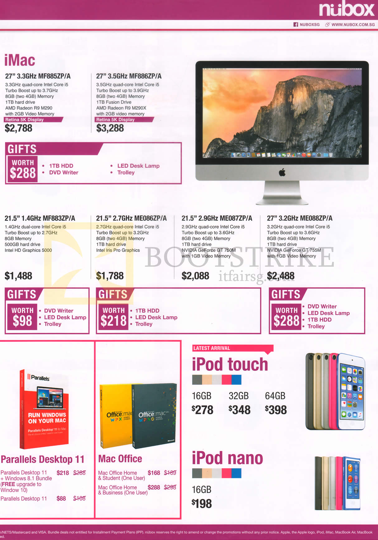 COMEX 2015 price list image brochure of Nubox Desktop PCs, Softwares, IMac MF885ZP, MF886ZP,MF883ZP, ME086ZP, ME087ZP, ME088ZP, IPod Touch 16B, 32GB, 64GB, IPod Nano 16GB, Parallels Desktop 11, Mac Office