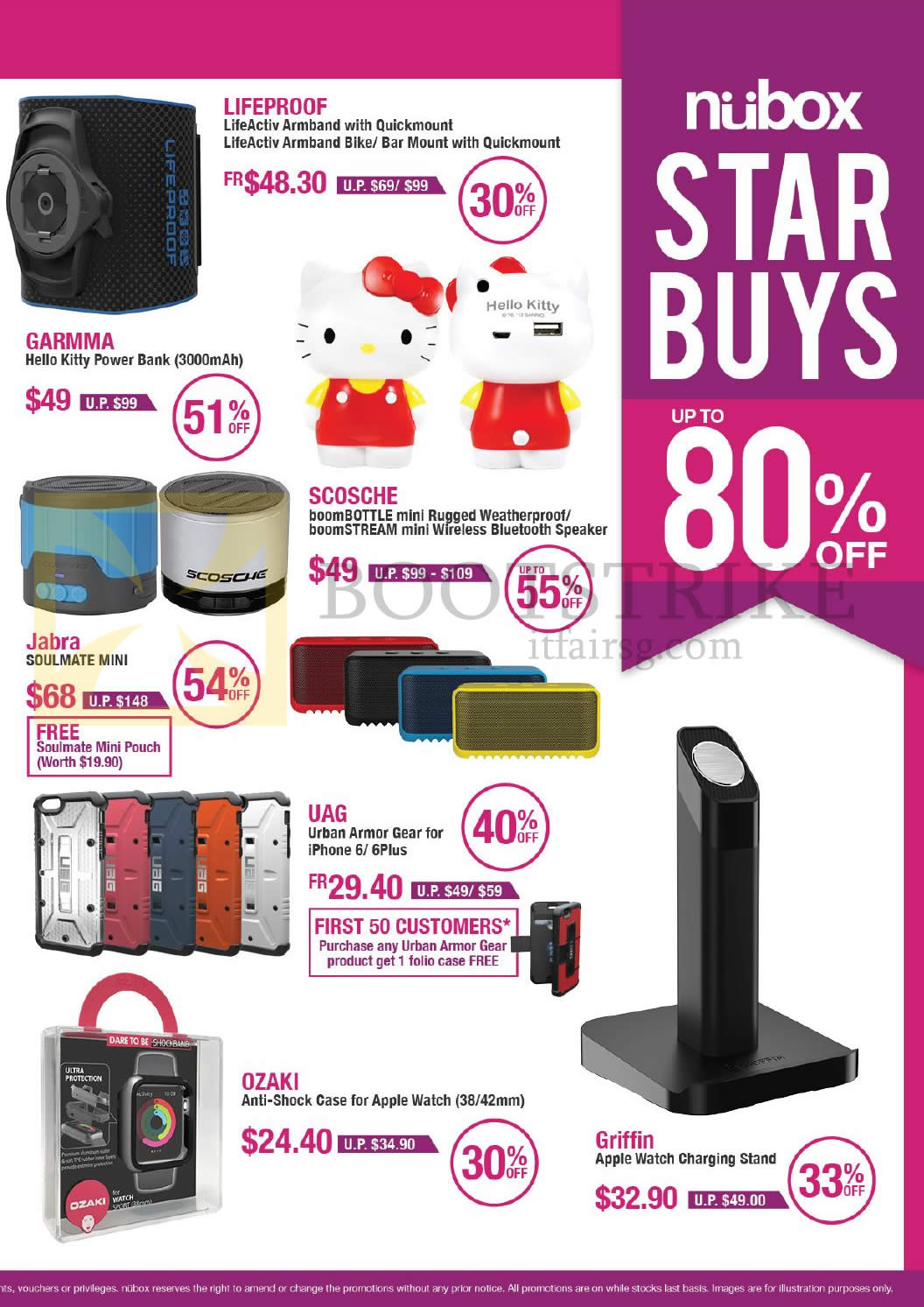 COMEX 2015 price list image brochure of Nubox Speakers, Powerbank, Armband, Charging Stand, Apple Watch Case, Lifeprood, Garmma, Scosche, Jabra, UAG, Ozaki, Griffin