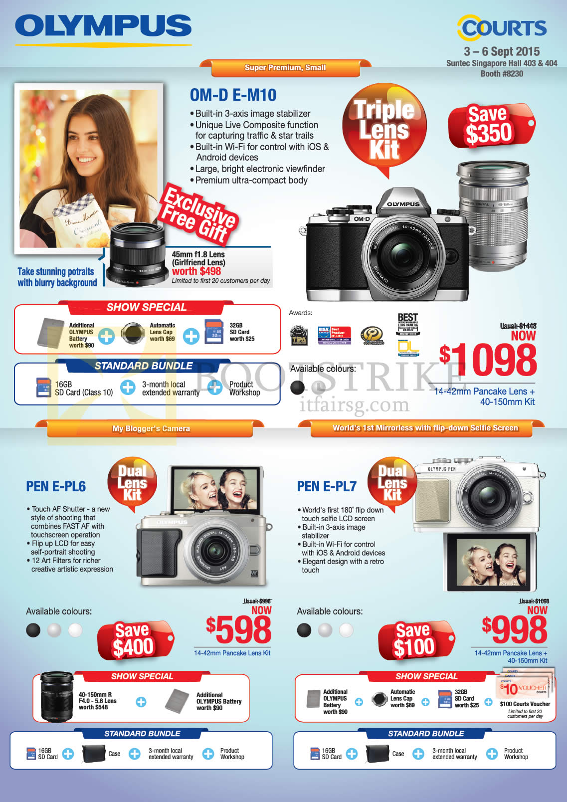 COMEX 2015 price list image brochure of Olympus Digital Cameras OM-D E-M10, Pen E-PL6, Pen E-PL7