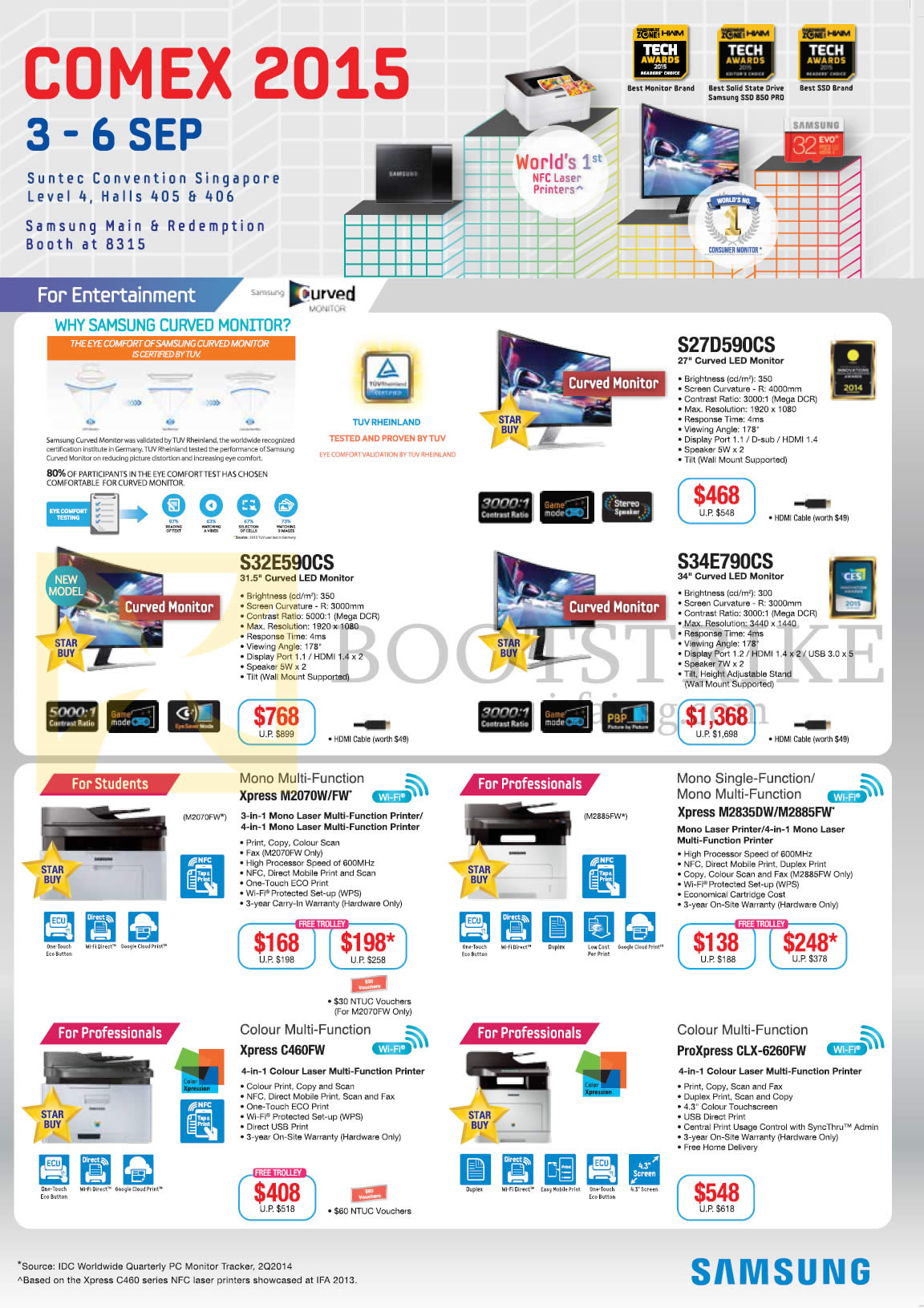 COMEX 2015 price list image brochure of Samsung Monitors Printers, S27D590CS Curved LED Monitor, S34E790CS, S32E590CS, Xpress M2070W FW, Xpress M2835DW, M2885FW, ProXpress CLX-6260FW, Xpress C460FW