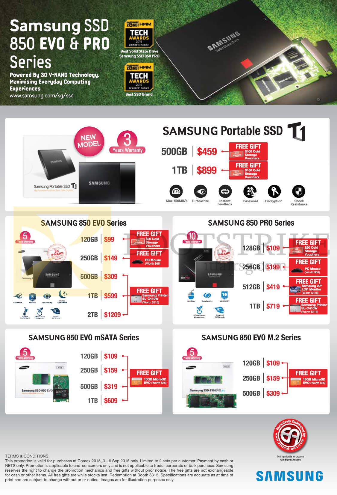 COMEX 2015 price list image brochure of Samsung SSD 850 EVO, PRO Series, Portable SSD T1, 500GB, 1TB, 120GB, 250GB, 2TB, 128GB, 256GB, 512GB, 850 EVO MSATA Series, 850 EVO M.2 Series