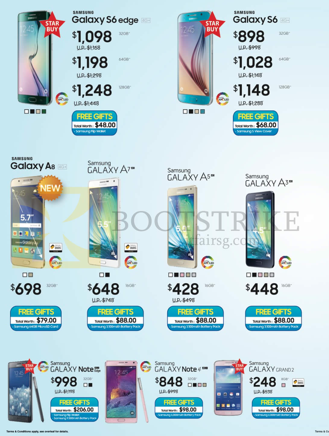 COMEX 2015 price list image brochure of Samsung Smartphones Galaxy S6 Edge, S6, A8, A7, A5, A3, Note Edge, Note 4, GRAND 2