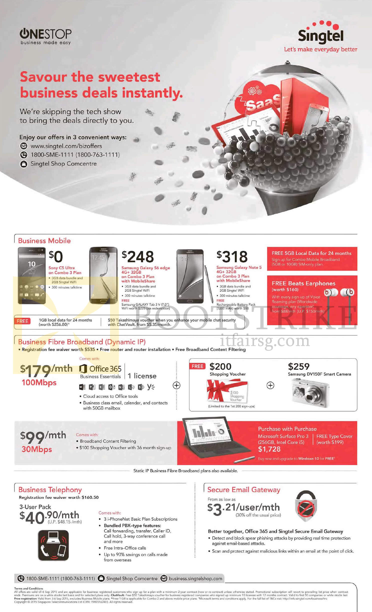 COMEX 2015 price list image brochure of Singtel Business Mobile Phones, Business Fibre Broadband, Telephony, Secure Email Gateway, Sony C5 Ultra, Samsung Galaxy S6 Edge, Note 5