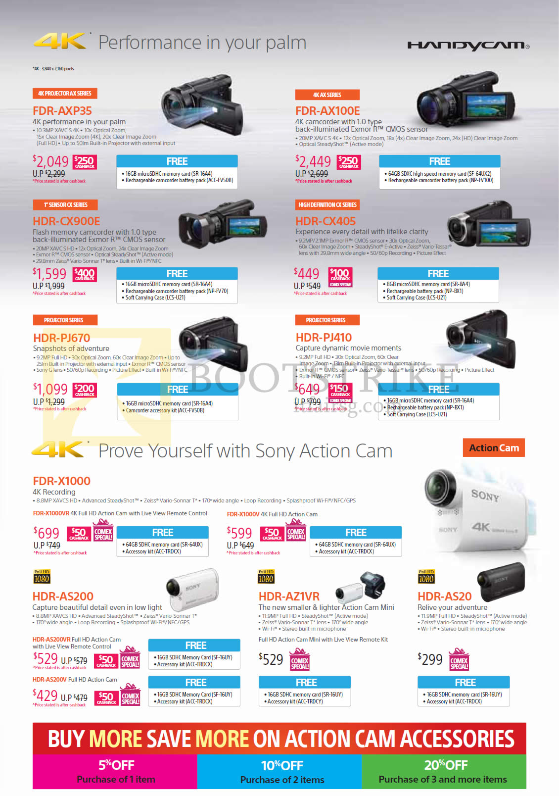 COMEX 2015 price list image brochure of Sony Camcorders Handycam Video FDR-AXP35, AX100E, CX-900E, CX405, PJ670, PJ410, X1000, AS200, AZ1VR, AS20