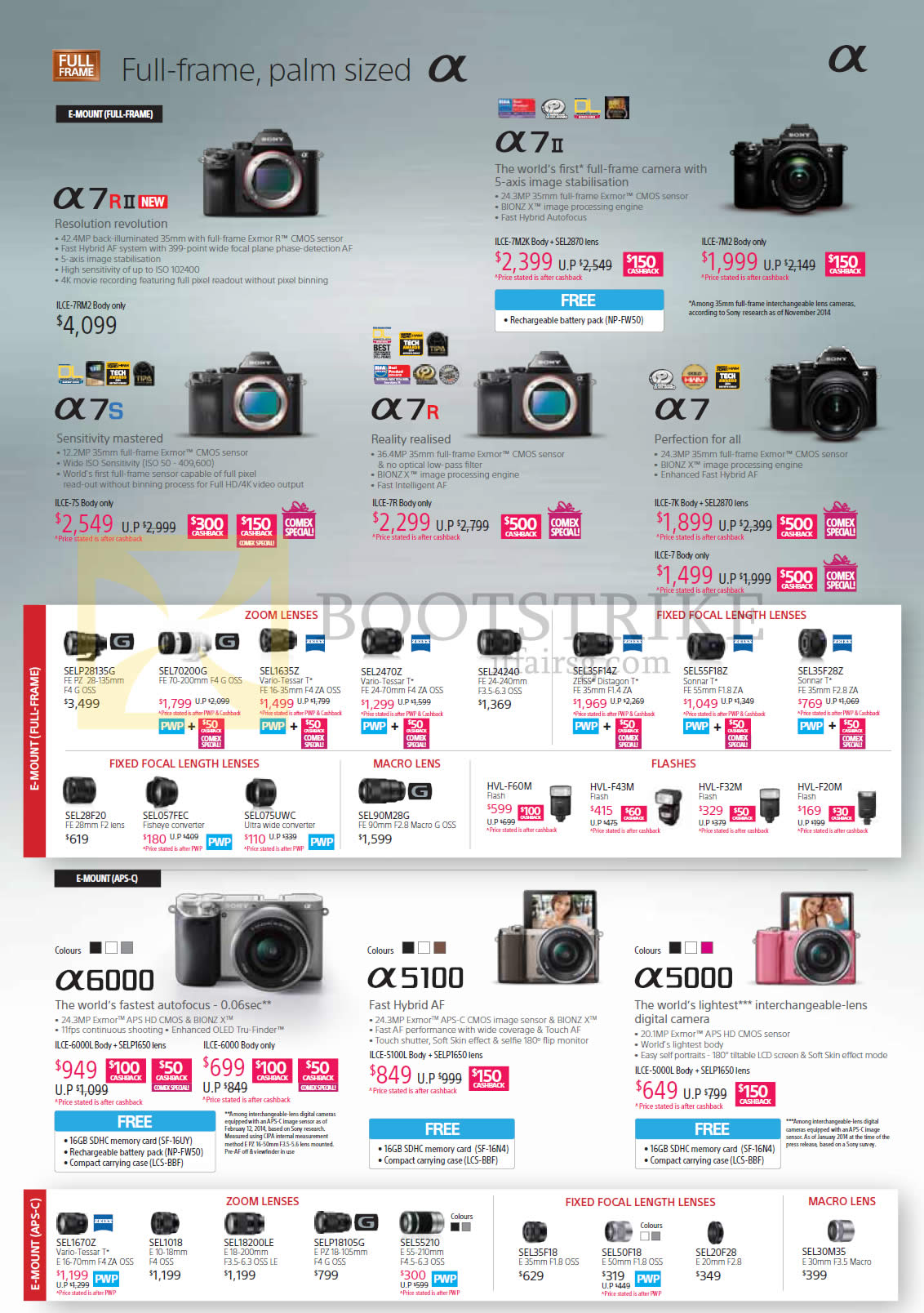 COMEX 2015 price list image brochure of Sony Digital Cameras Alpha ILCE A7R, A7II, A7S, A7R, A7, A6000, A5100, A5000, Lenses Zoom Fixed Focal Macro Flashes