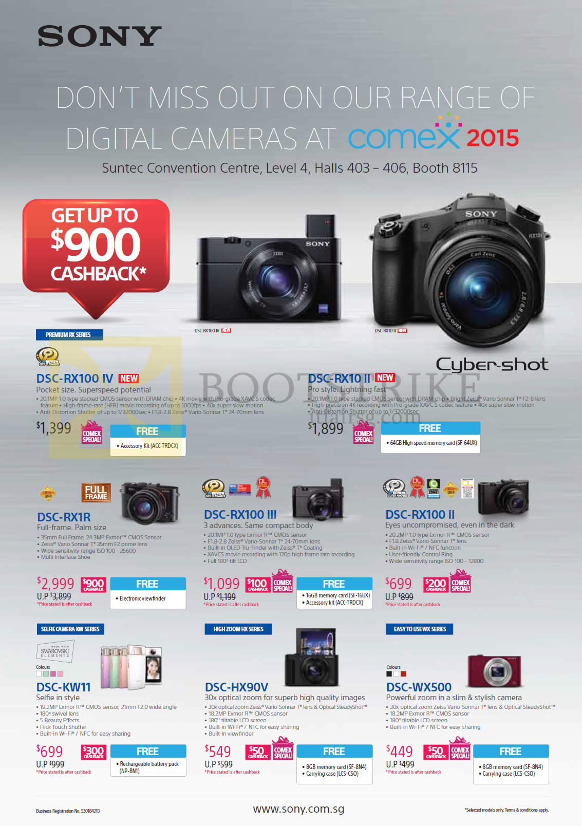 COMEX 2015 price list image brochure of Sony Digital Cameras Cybershot DSC-RX100 IV, RX10 II, RX1R, RX100 III, RX100 II, KW11, HX90V, WX500