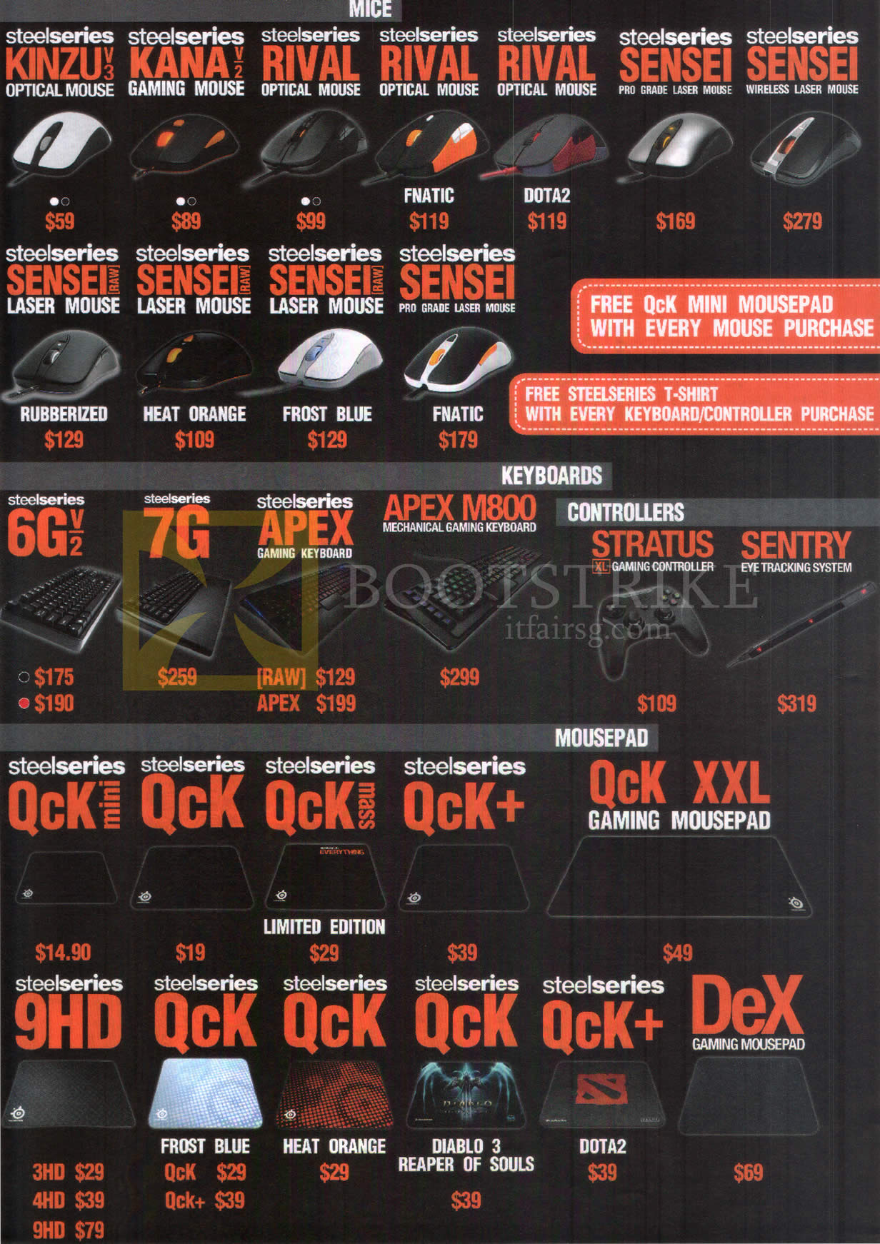 COMEX 2015 price list image brochure of Steelseries Mouse, Keyboards, Mousepads, Kinzu V3, Kana V2, Rival, Sensei, 6G V2, 7G, Apex, Apex M800, Stratus, Sentry, QCK Mini, Mass, Plus, 9HD, Dex