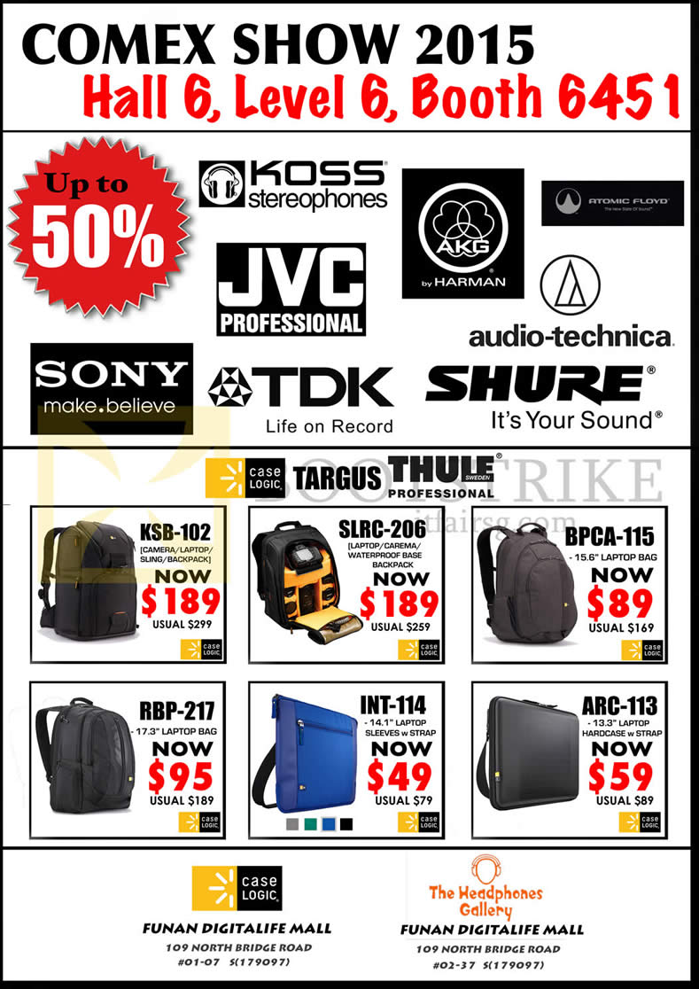 COMEX 2015 price list image brochure of The Headphones Gallery Backpacks, Case Logic, Koss, JVC, Sony, TDK, Shure, Audio-Technica, Atomic Floyd, Targus KSB-102, SLRC-206, BPCA-115, RBP-217, INT-114, ARC-113