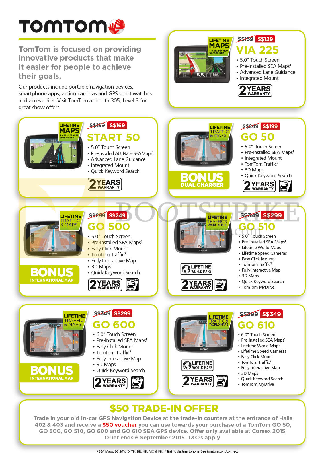 COMEX 2015 price list image brochure of TomTom GPS Navigators START 50, GO 50, 500, 510, 600, 610, VIA 225