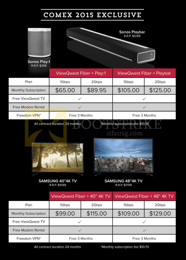 COMEX 2015 price list image brochure of Viewqwest Fibre Broadband Sonos Play, Playbar, Samsung 4K TV