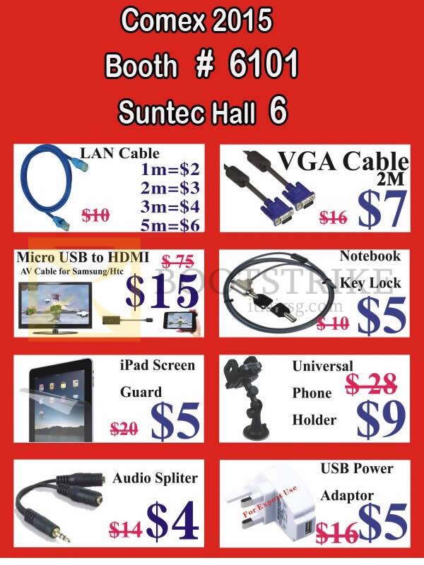 COMEX 2015 price list image brochure of Worldwide Computer Services Accessories Cables, Micro USB Cables, Universal Phone Holder, Power Adapter, Audio Splitter