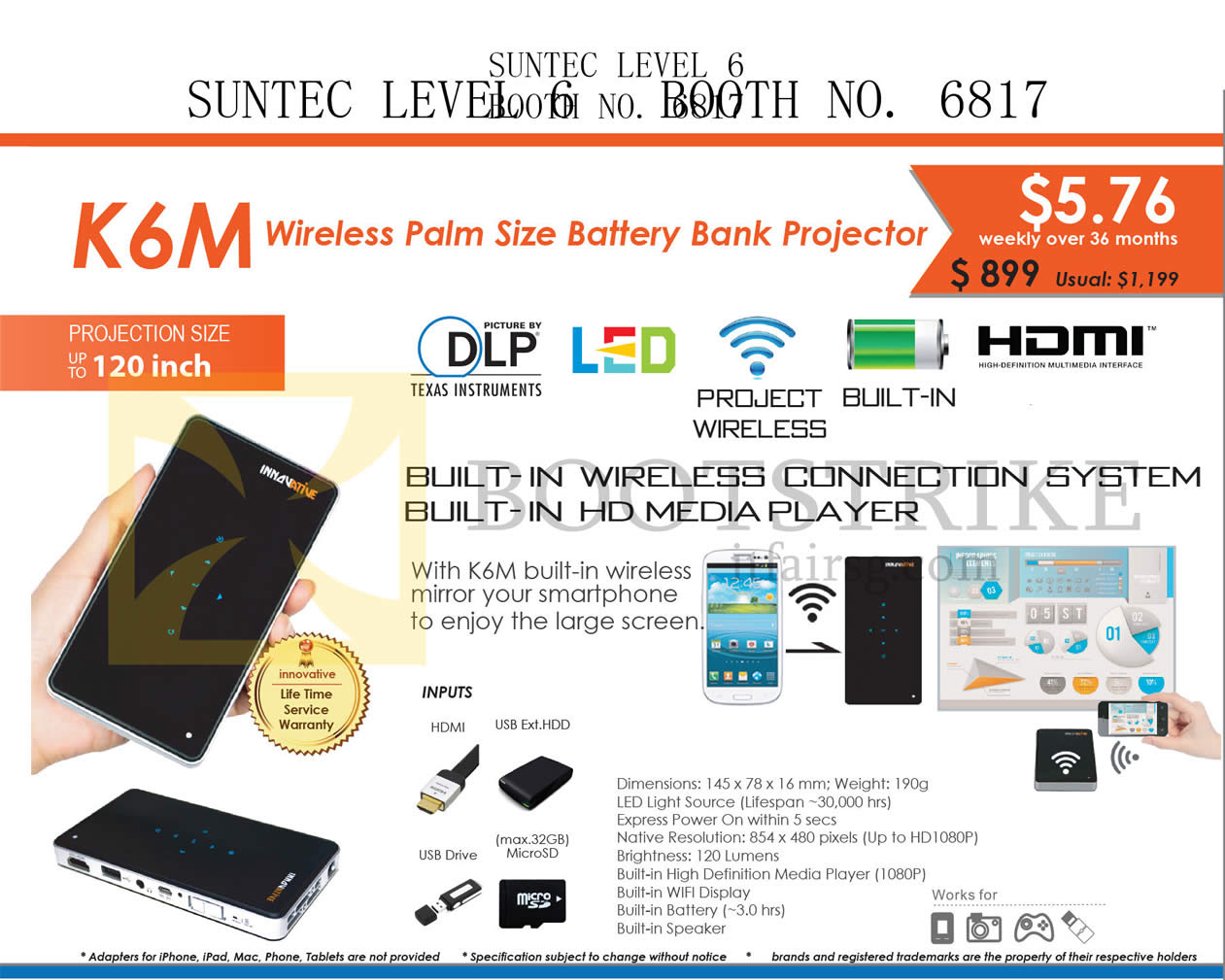 COMEX 2015 price list image brochure of X-Kimi Innovative K6M Wireless Palm Size Battery Bank Projector