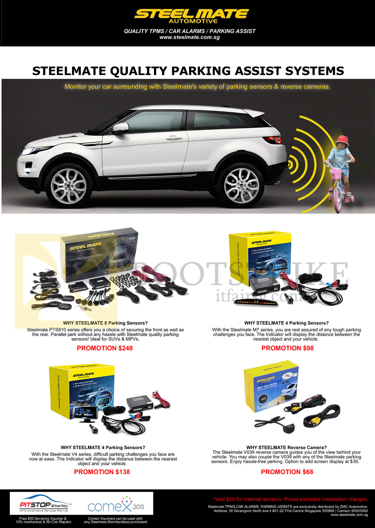 COMEX 2015 price list image brochure of ZMC Steelmate Parking Assist Systems, Reverse Camera, Parking Sensors