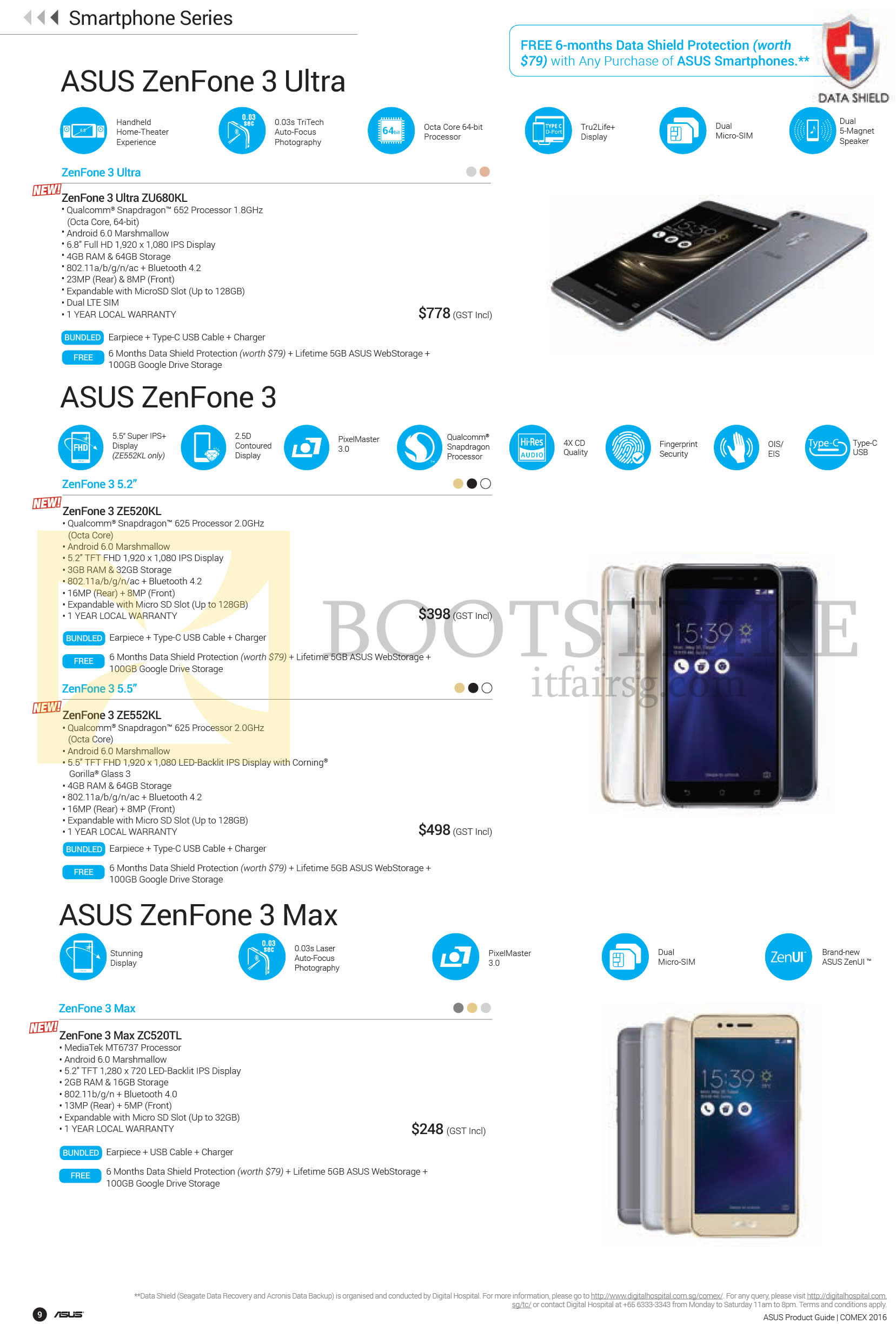 COMEX 2016 price list image brochure of ASUS Mobile SmartPhones Zenfone 3 Ultra, 3, 3 Max