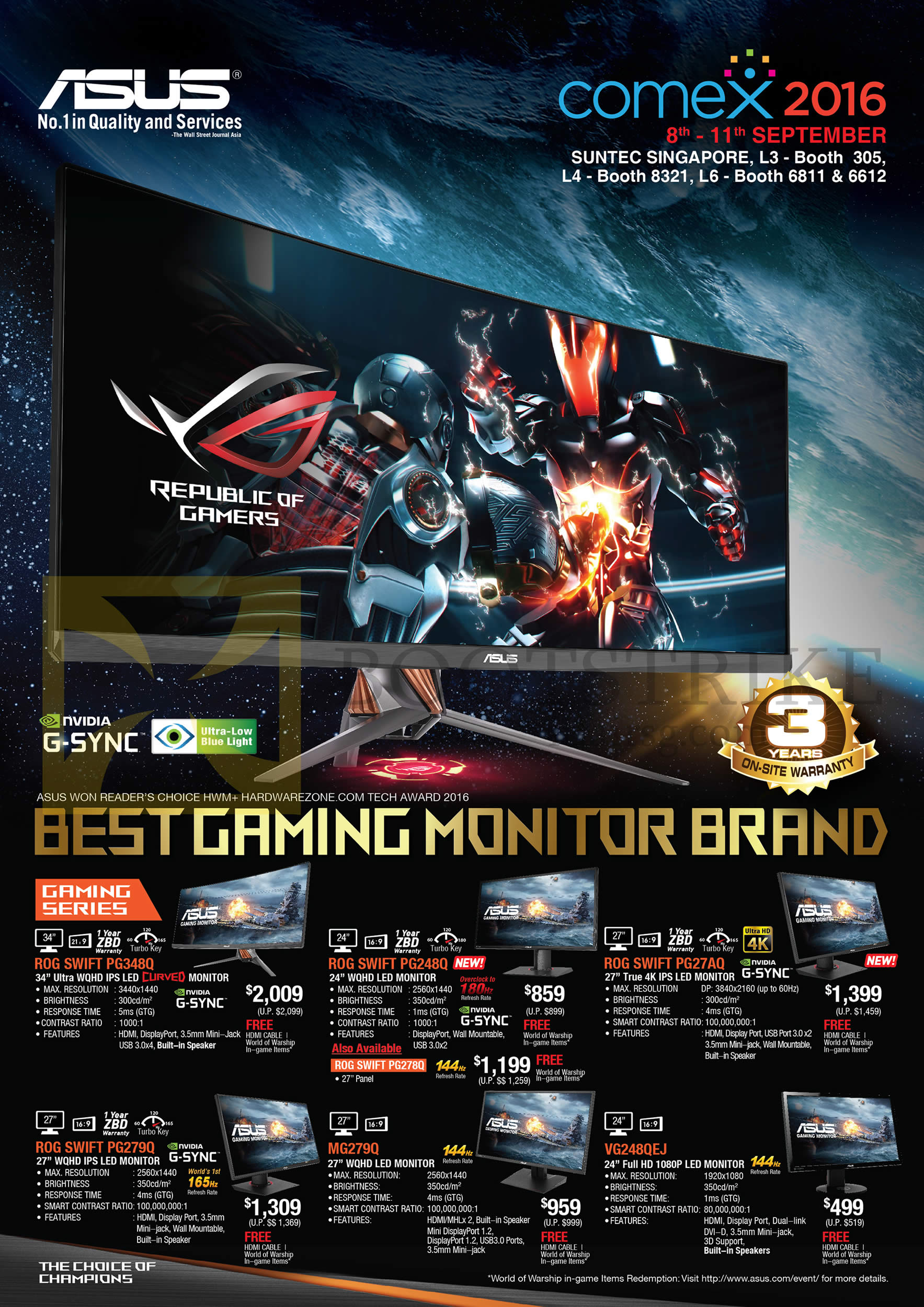 COMEX 2016 price list image brochure of ASUS Monitors Gaming ROG PG348Q, PG248Q, PG27AQ, PG279Q, MG279Q, VG248QEJ