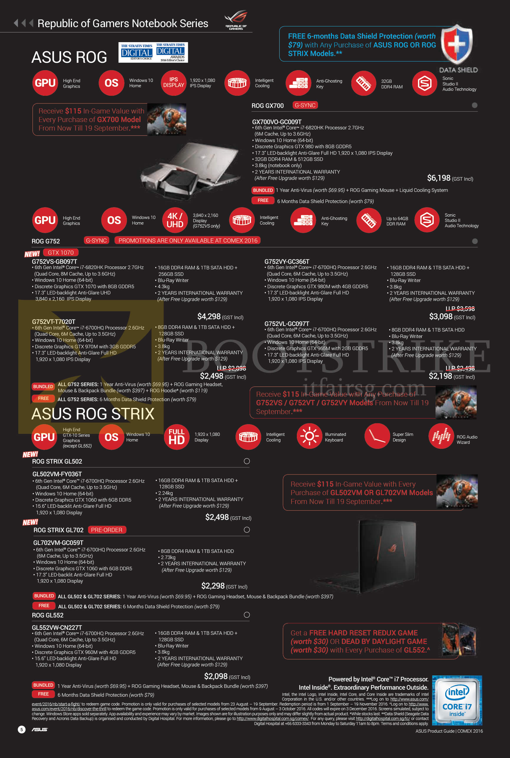 COMEX 2016 price list image brochure of ASUS Notebooks ROG GX700, G752, ROG Strix GL502, GL552 Series