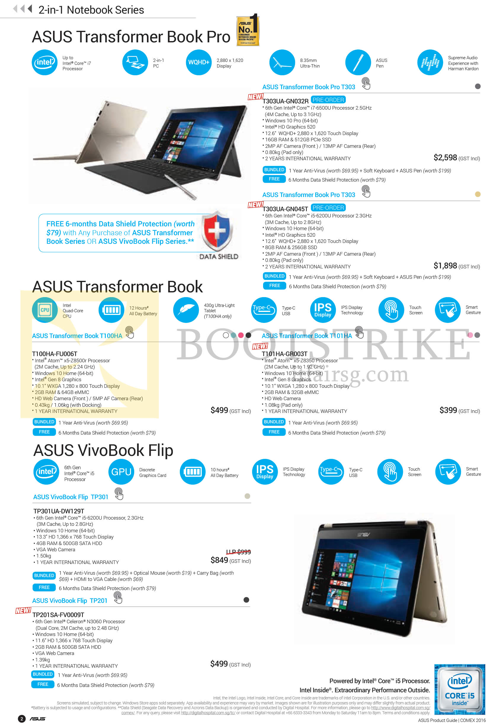 COMEX 2016 price list image brochure of ASUS Notebooks Transformer Book Pro T303, T100HA, T101HA, VivoBook Flip TP301, TP201 Series