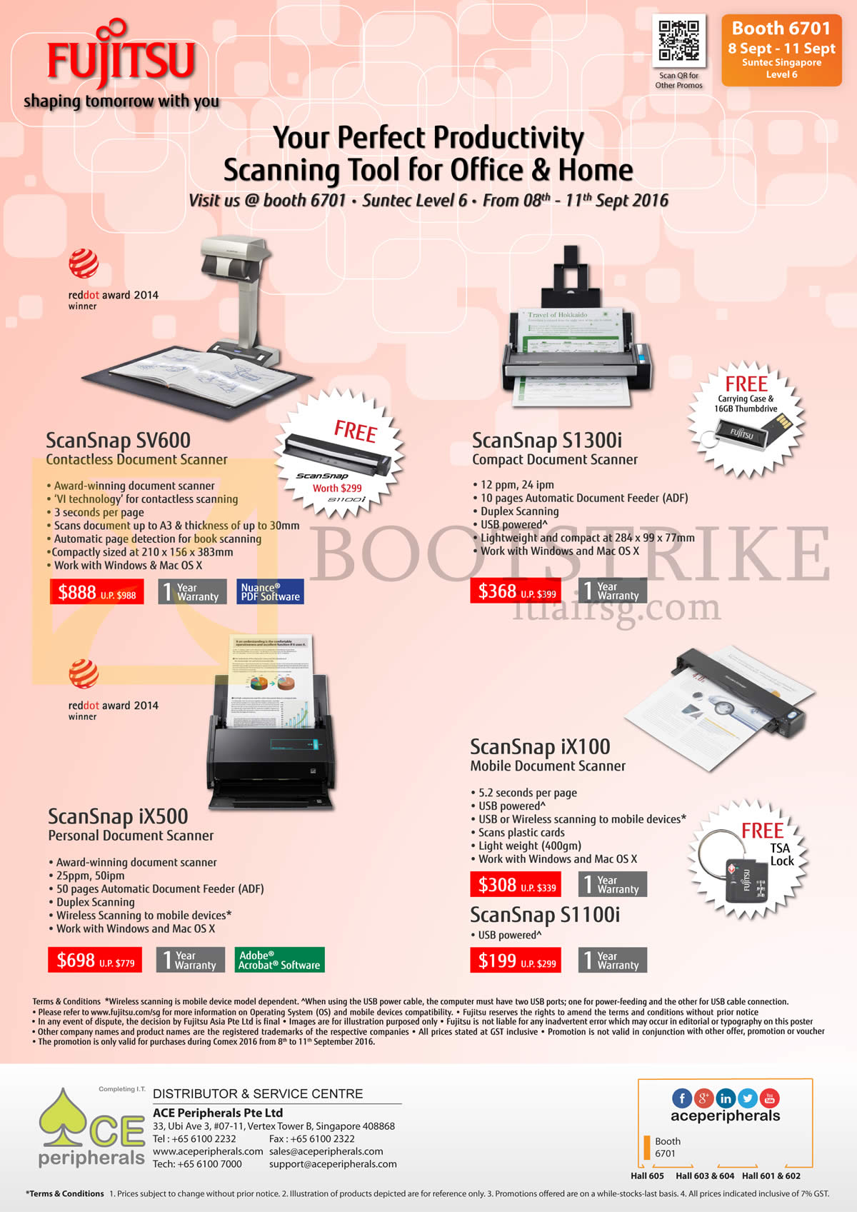 COMEX 2016 price list image brochure of Ace Peripherals Fujitsu Scanners ScanSnap IX100, IX500, S1300i, SV600