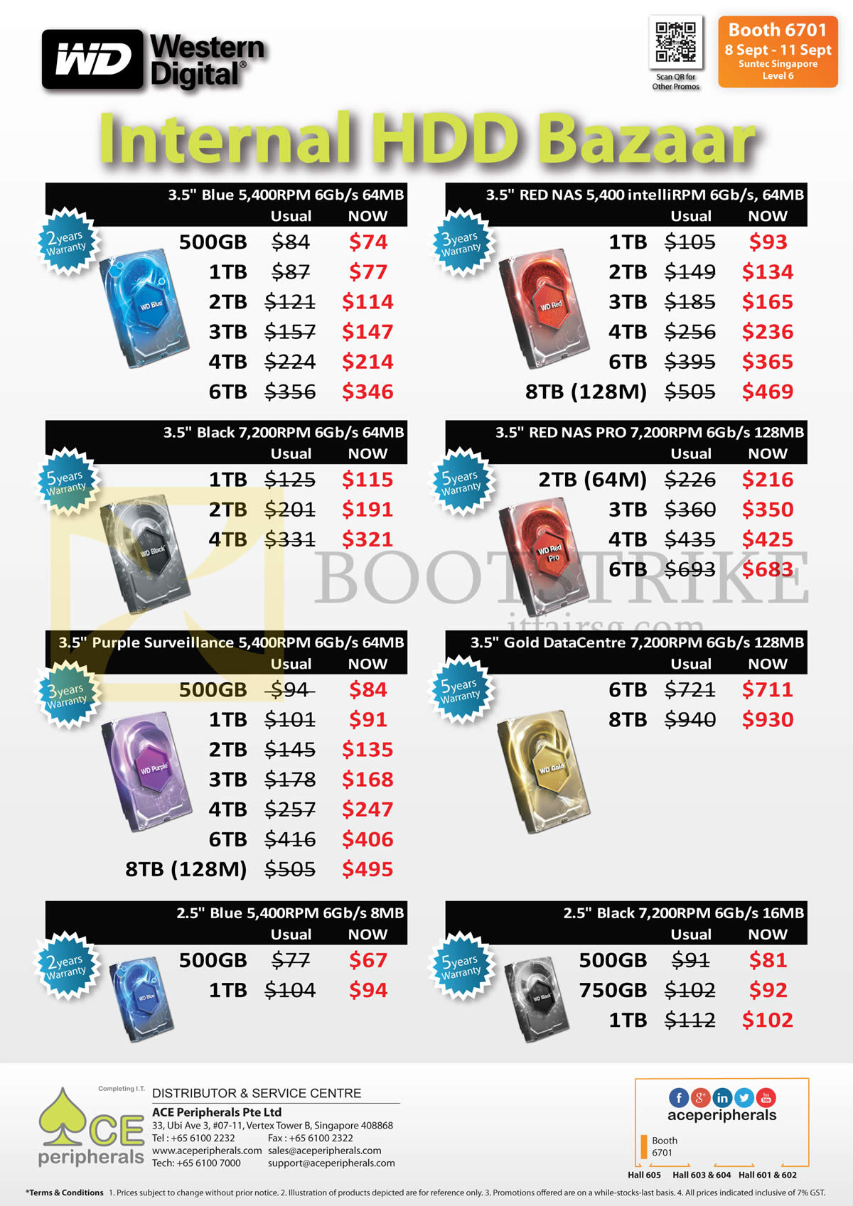 COMEX 2016 price list image brochure of Ace Peripherals Internal HDD Western Digital WD Red, Black, Blue, Gold, Purple Surveillance, 500GB, 750GB, 1TB, 2TB, 3TB, 4TB, 6TB