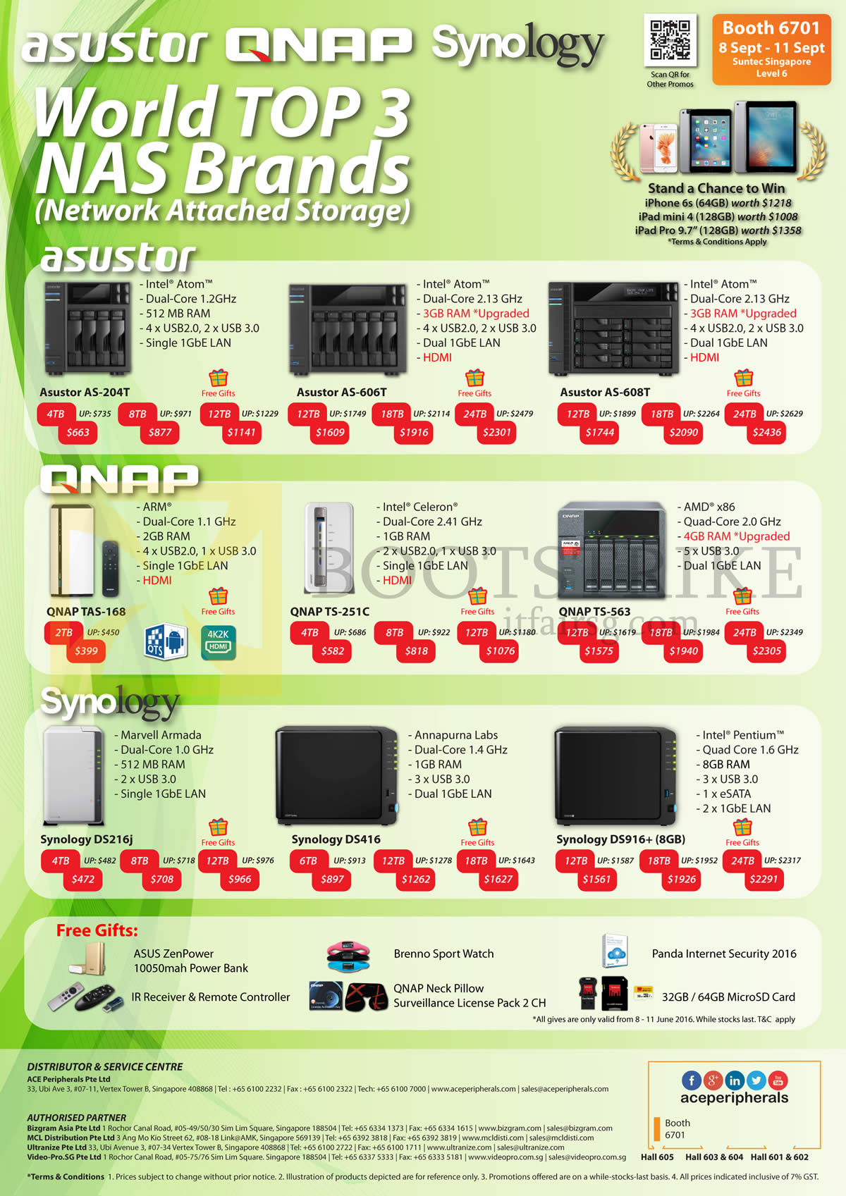 COMEX 2016 price list image brochure of Ace Peripherals NAS Asustor, QNAP, Synology, AS-204T, 606T, 608T, QNAP TAS-168, TS-251C, TS-563, Synology DS216j, DS416, DS916Plus