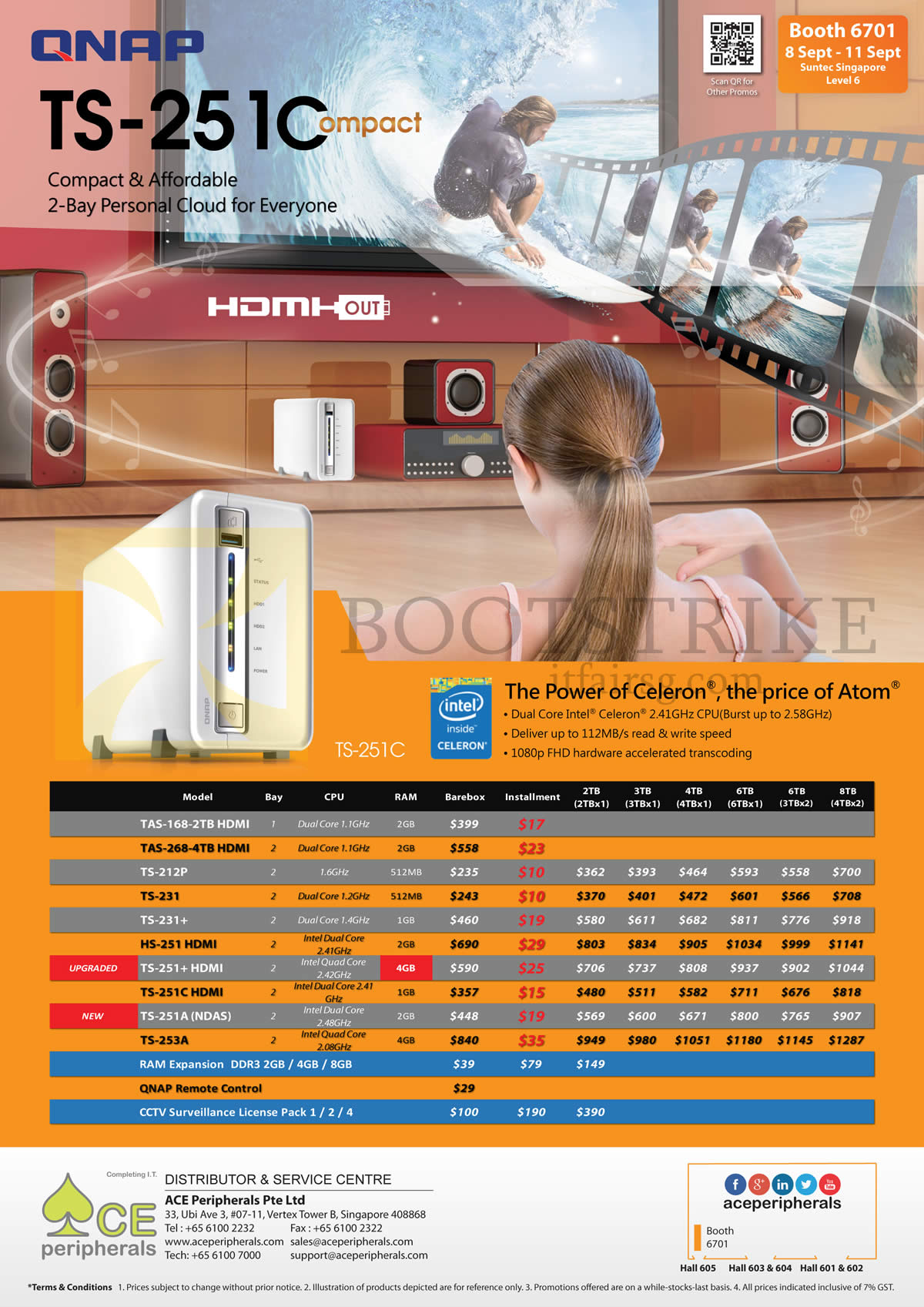 COMEX 2016 price list image brochure of Ace Peripherals NAS Personal Cloud Storage TAS-168, 268, 212P, 231, 231 Plus, HS-251, TS-251Plus, 251C, 251A, 253A, RAM Expansion, QNAP Remote Control, CCTV