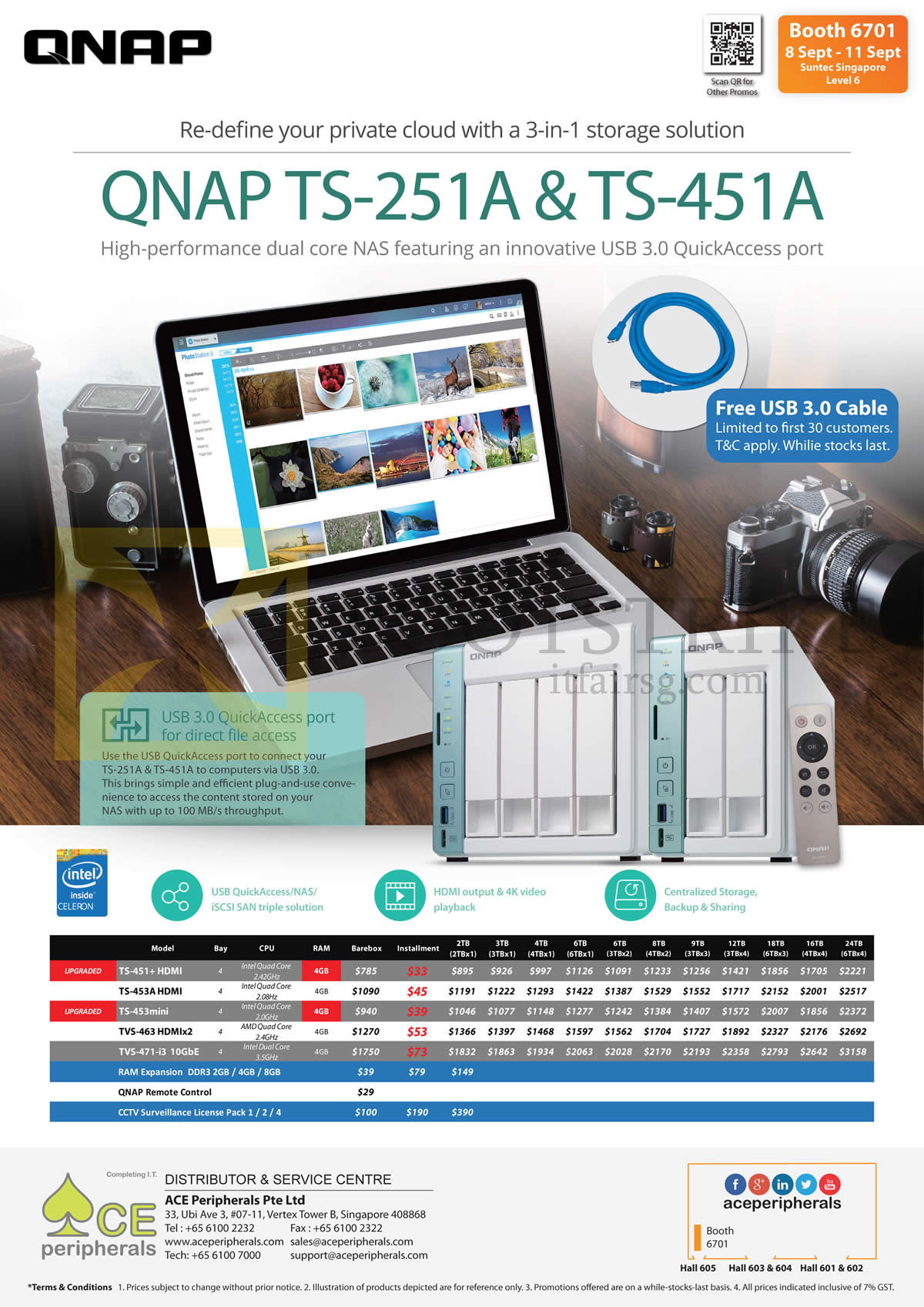 COMEX 2016 price list image brochure of Ace Peripherals QNAP Private Cloud TS-451 Plus, 453A, 453mini, TVS-463 HDMIx2, 471-i3, RAM Expression DDR3 2GB, 4GB, 8GB, QNAP NAS Remote Control, CCTV Surveillance