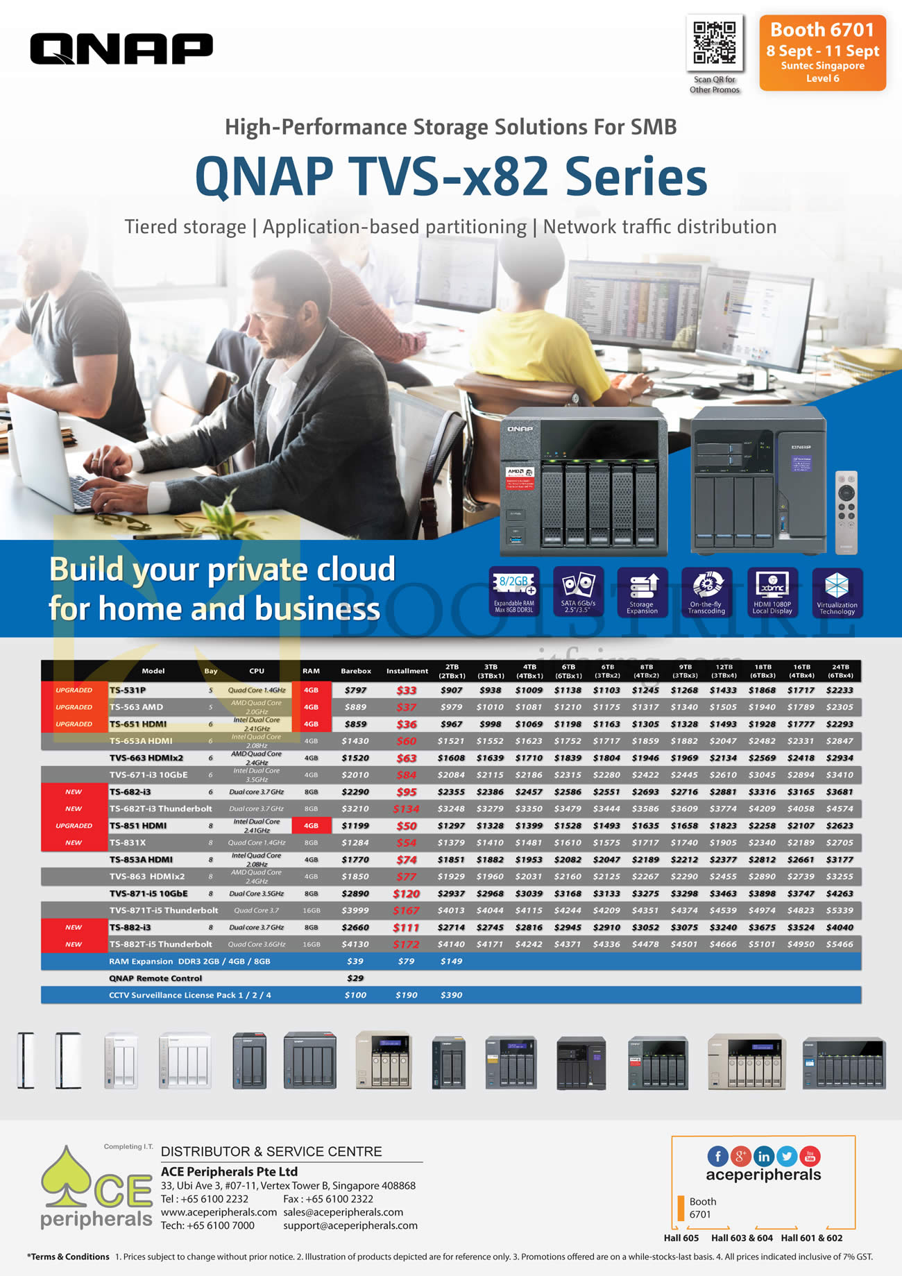 COMEX 2016 price list image brochure of Ace Peripherals QNAP Private Cloud TS-531P, 563 AMD, 651 HDMI, 653A HDMI, TVS-663 HDMIx2, 671-i3 10GbE, TS-682-i3, 851 HDMI, 831X, 853A HDMI