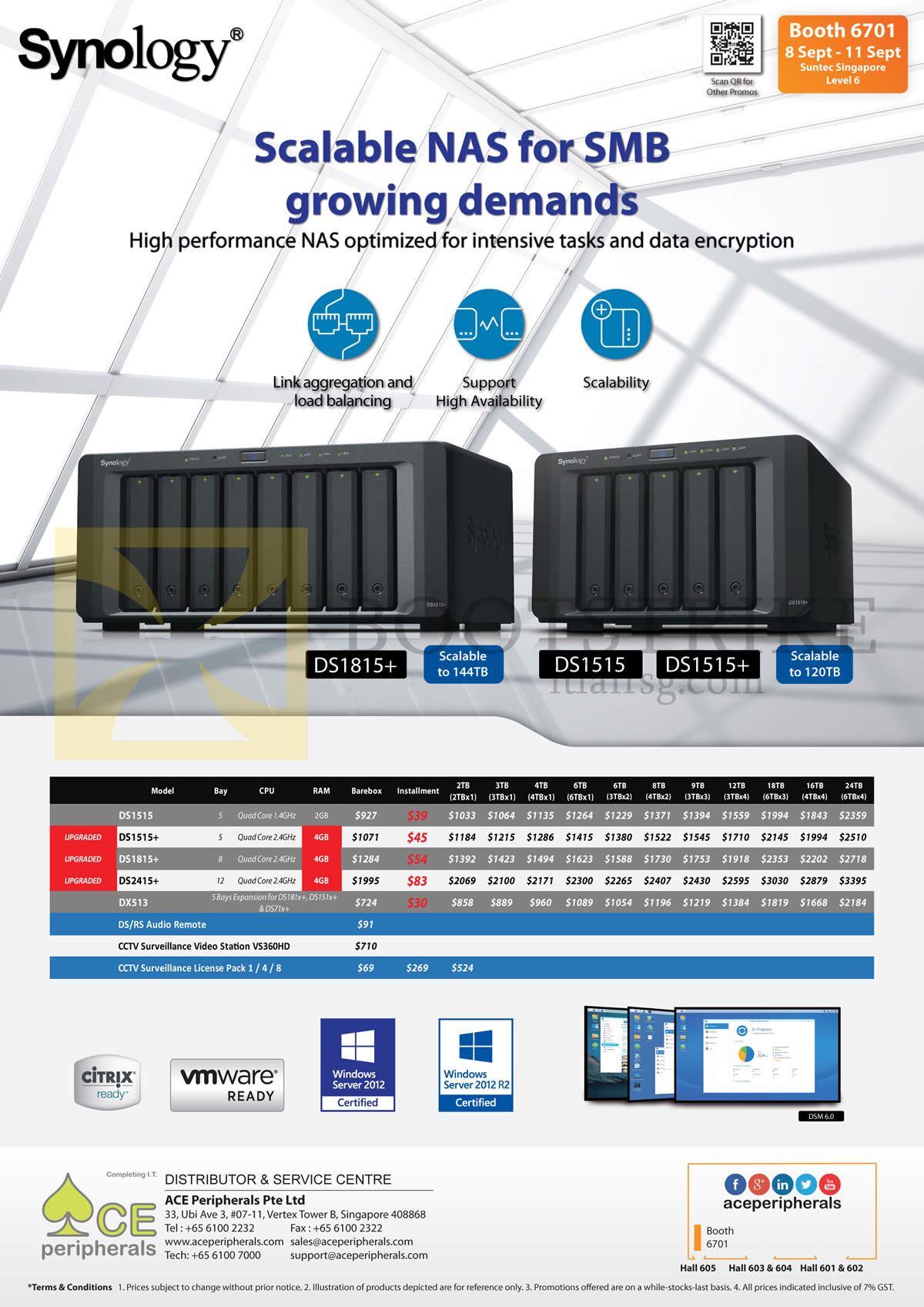 COMEX 2016 price list image brochure of Ace Peripherals Synology NAS DS1515, DS1515Plus, DS1815Plus, DS2415PPlus, DX513