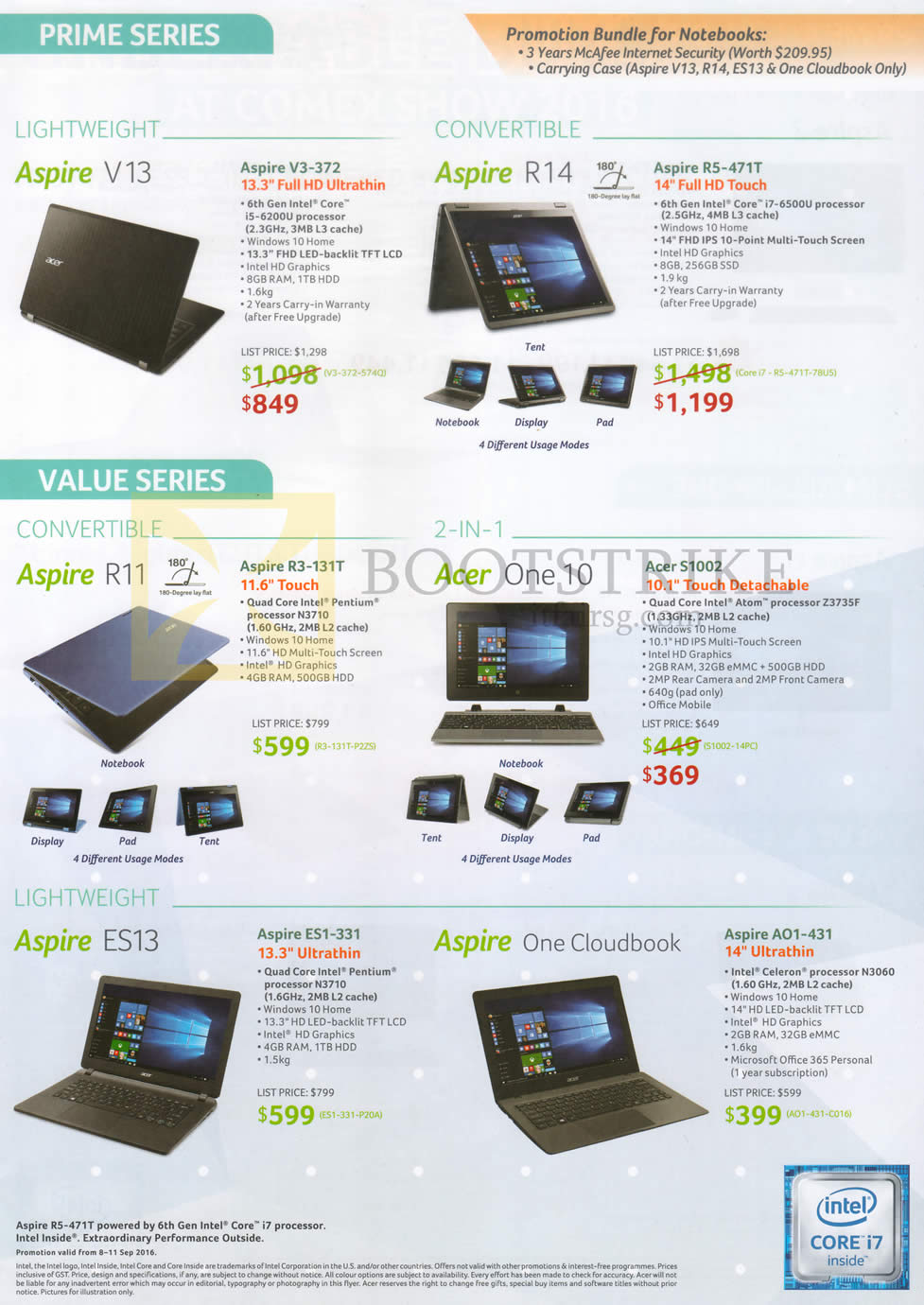 COMEX 2016 price list image brochure of Acer Notebooks Aspire V3-372, R5-471T, R3-131T, S1002, ES1-331, AO1-431, ES13, One Cloudbook