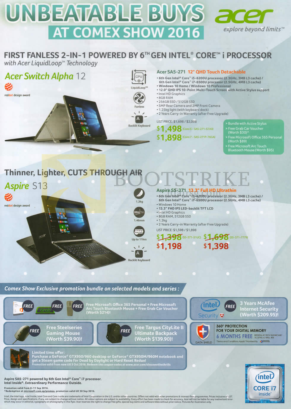 COMEX 2016 price list image brochure of Acer Notebooks Switch Alpha 12 SA5-271, Aspire S13 S5-371, Promotion Bundles