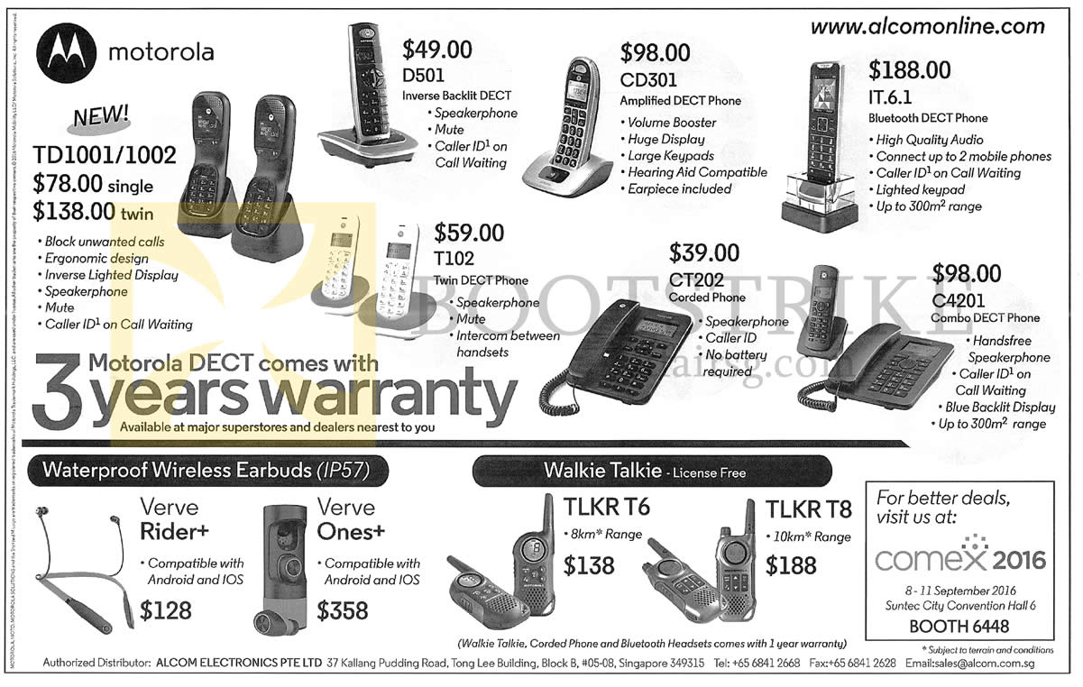 COMEX 2016 price list image brochure of Alcom Electronics Motorola Dect Phones, Wireless Earbuds, Walkie Talkie, TD1001, 1002, D501, CD301, IT.6.1, C4201, CT202, T102, TLKR T8, T6, Verve Ones Plus, Rider Plus