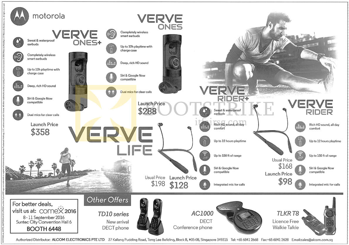 COMEX 2016 price list image brochure of Alcom Electronics Motorola Smart Earbuds, Headphones, Phones, Walkie Talkie, Verve Ones Plus, Ones, Life, Rider Plus, Rider, TD10 Series, AC1000, TLKR T8