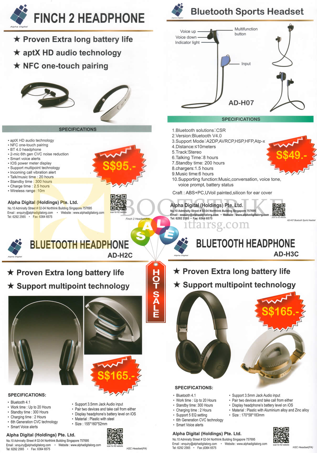 COMEX 2016 price list image brochure of Alpha Digital Headphones Finch 2, Bluetooth Sports Headset, AD-H2C, H3C