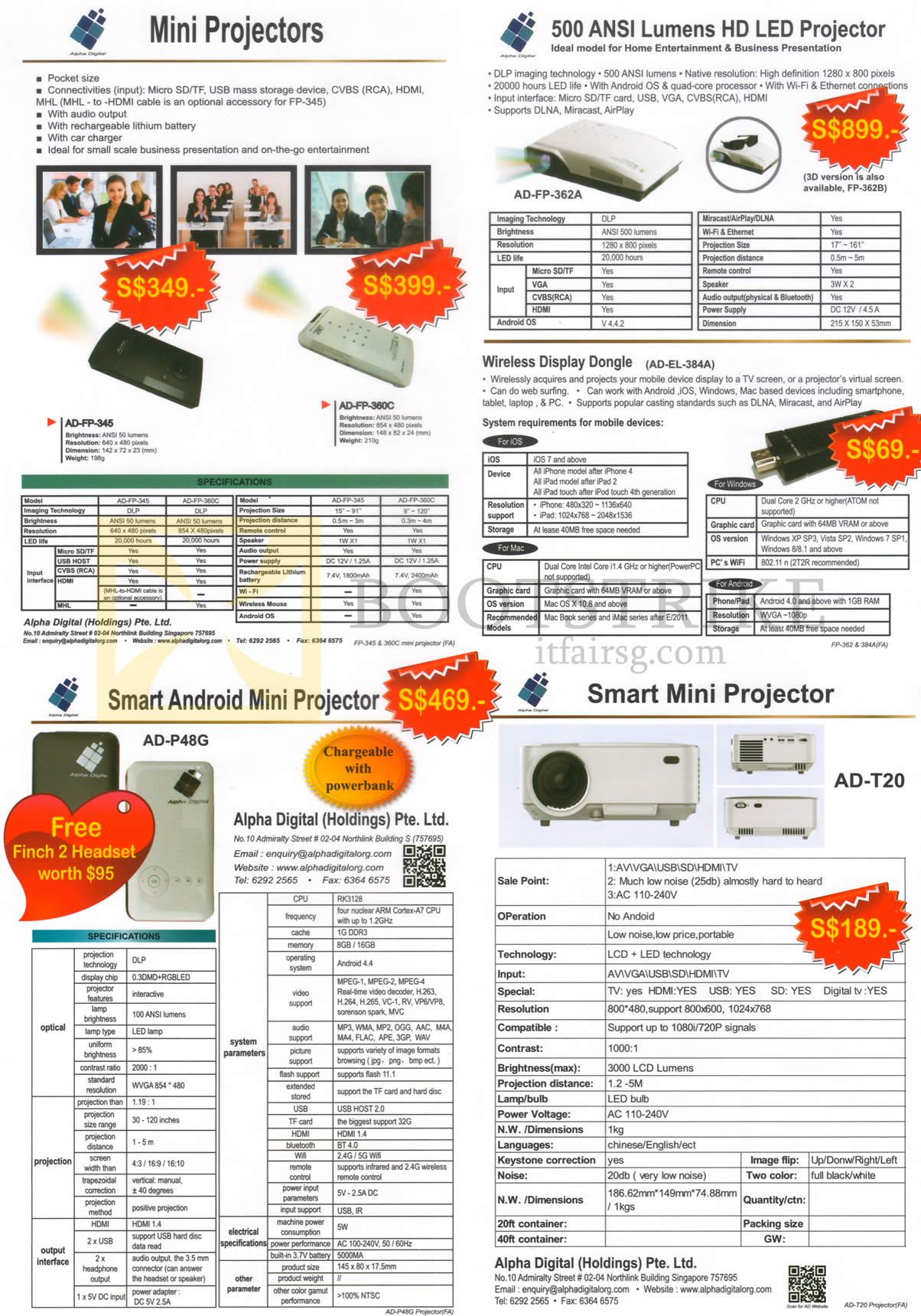 COMEX 2016 price list image brochure of Alpha Digital Mini Projectors, LED Projectors, Smart Android Mini Projector, AD-FP345, FP-360C, P48G, AD-T20