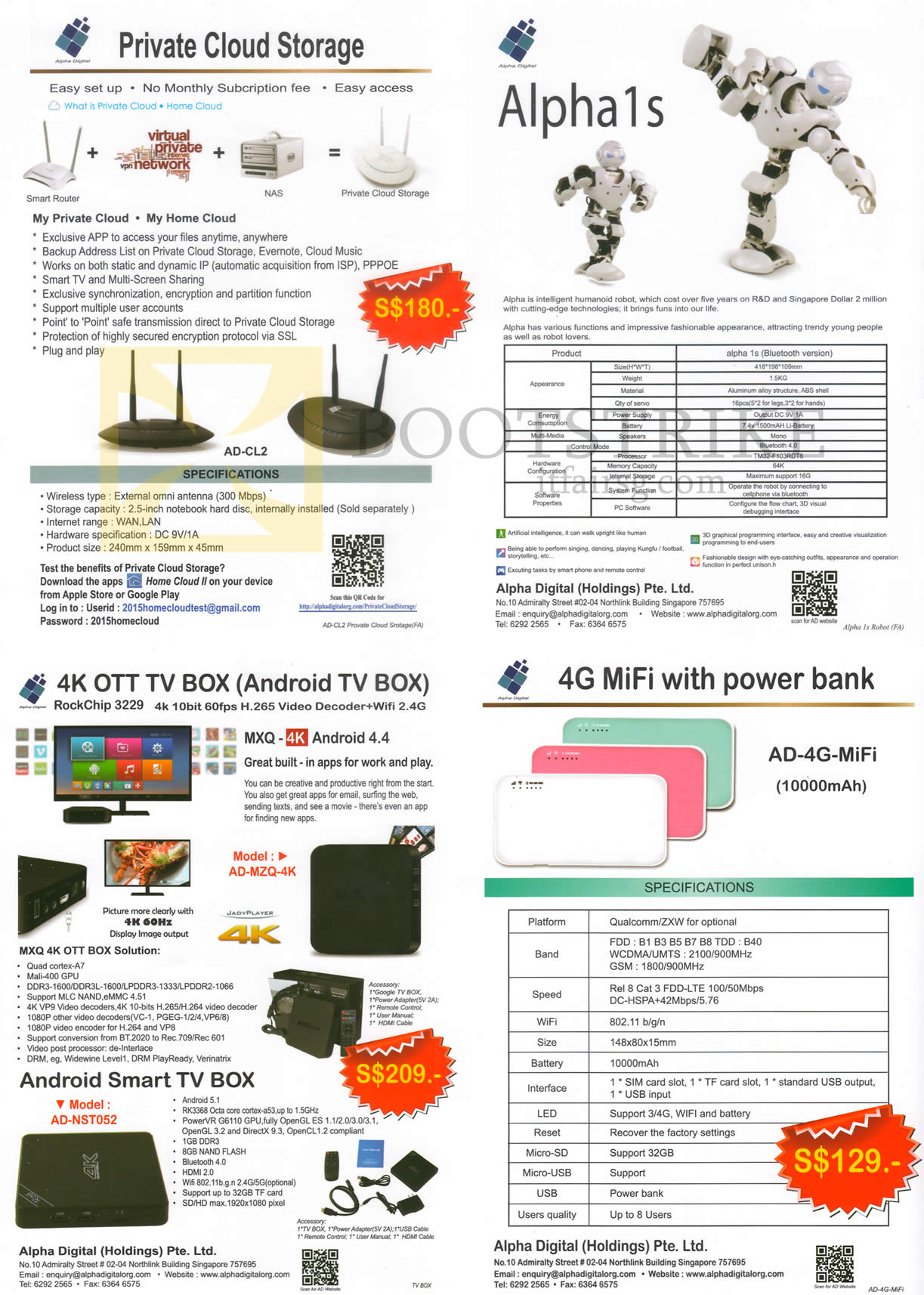 COMEX 2016 price list image brochure of Alpha Digital Private Cloud Storage, Alpha 1s Humanoid Robot, 4K OTT TV Box, 4G MiFi With Power Bank