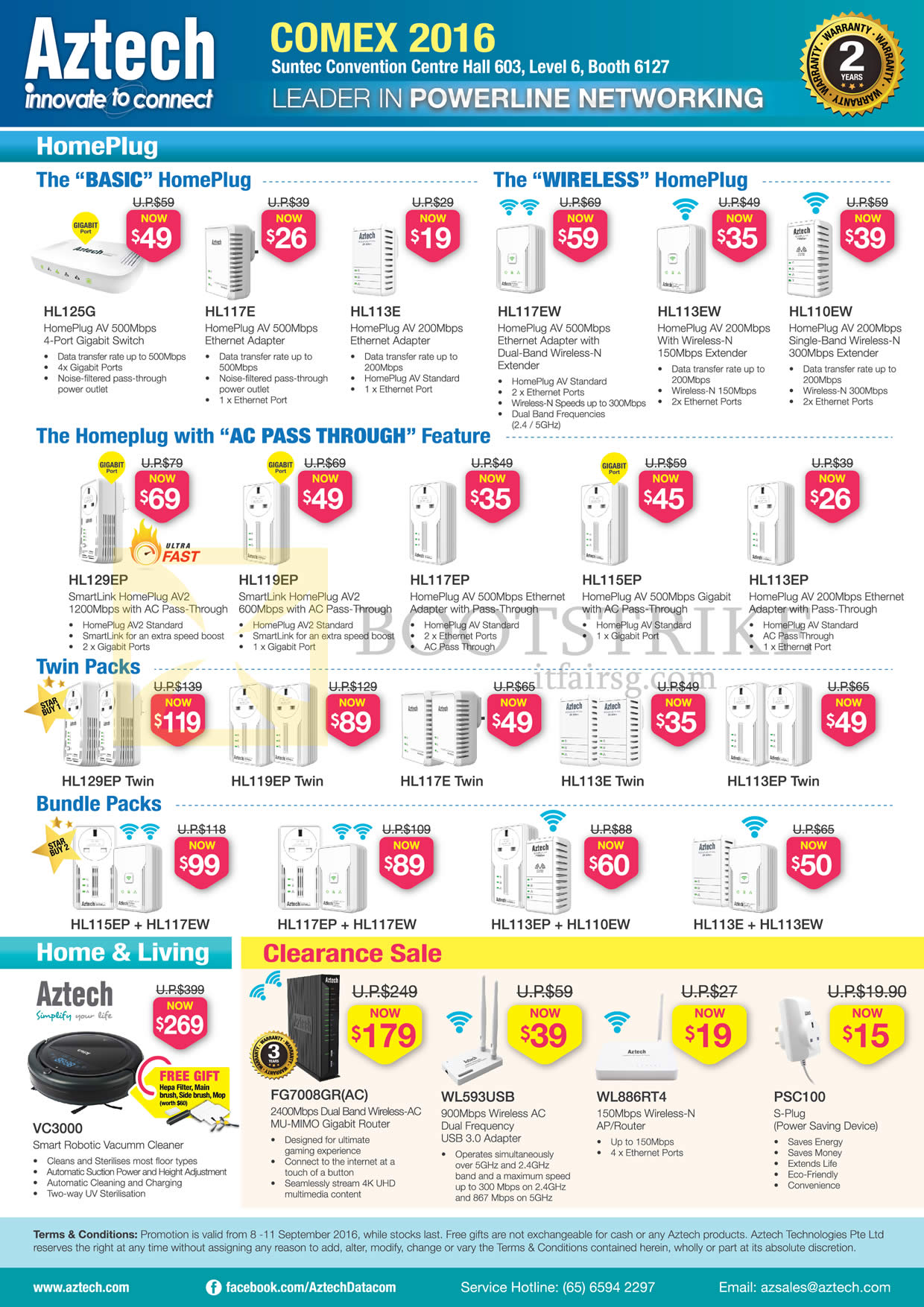 COMEX 2016 price list image brochure of Aztech Networking HomePlugs, Wireless, Twin Packs, Bundle Packs, VC3000 Robot Vacuum Cleaner, Router, USB Adapter