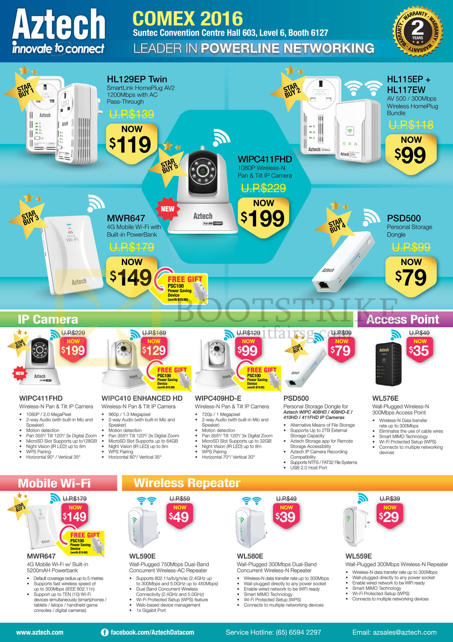 COMEX 2016 price list image brochure of Aztech Networking Powerline, IPCamera, Access Point, Mobile Wi-fi, Wireless Repeater