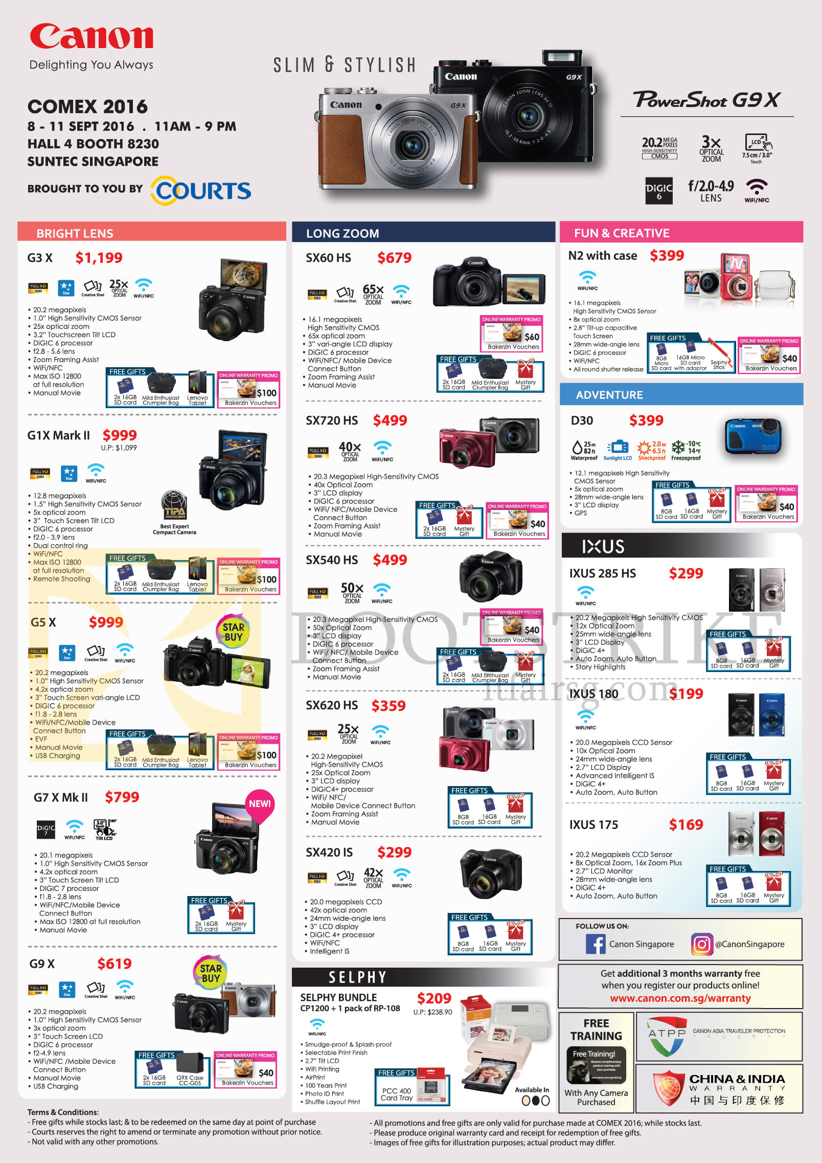 COMEX 2016 price list image brochure of Canon Digital Cameras, Printers, G3 X, G1X Mark II, G5X, G7X Mk II, G9X, SX60 HS, SX720 HS, SX540 HS, SX620 HS, SX420 IS, N2, D30, IXUS 285 HS, 180, 175, Selphy