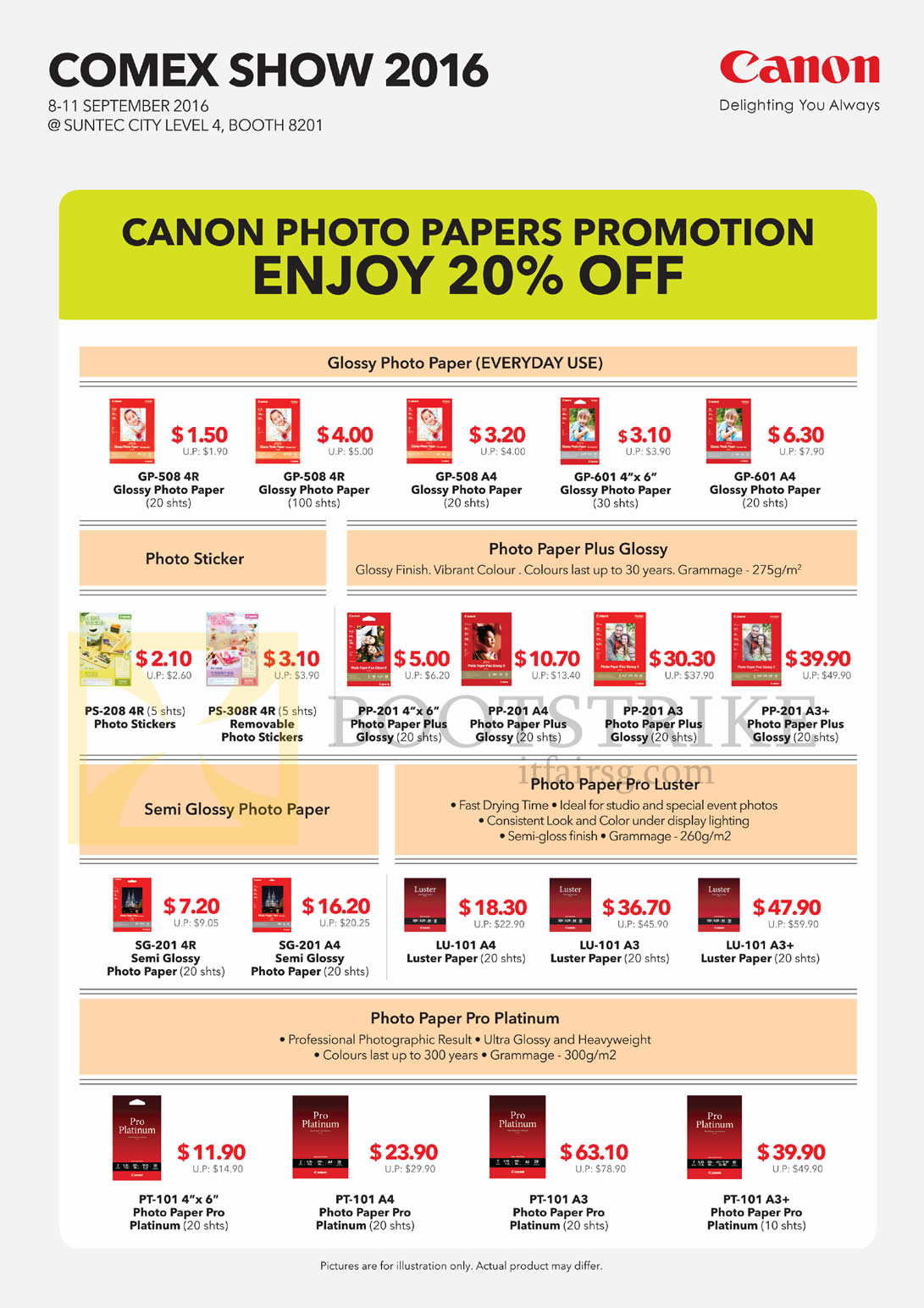 COMEX 2016 price list image brochure of Canon Photo Papers GP-508, 601, PS-208, PP-201, SG-201, LU-101, PT-101, Glossy, Photo Paper, Semi, Luster, Platinum