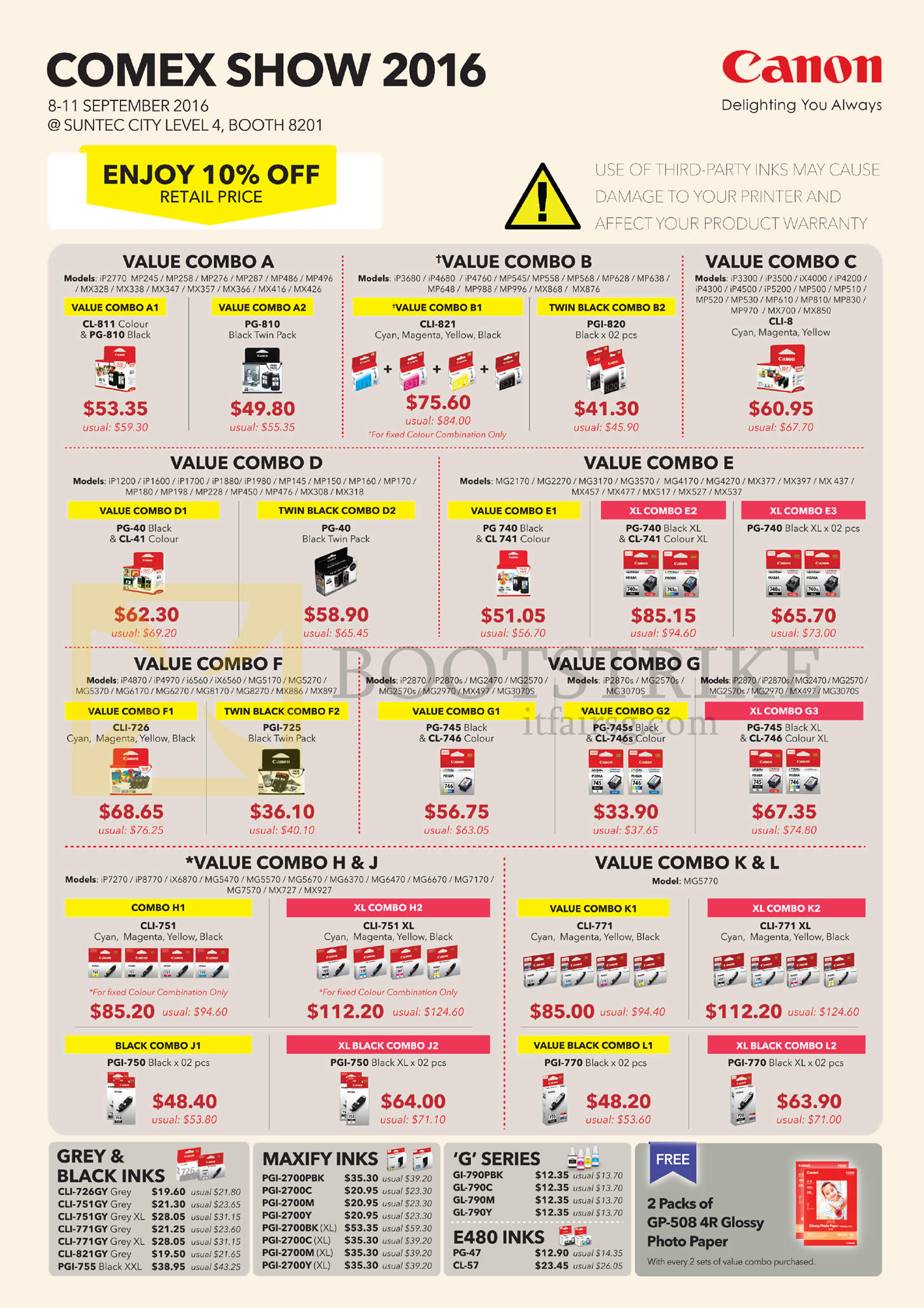 COMEX 2016 price list image brochure of Canon Toners Ink Cartridges Value Combos, Inks