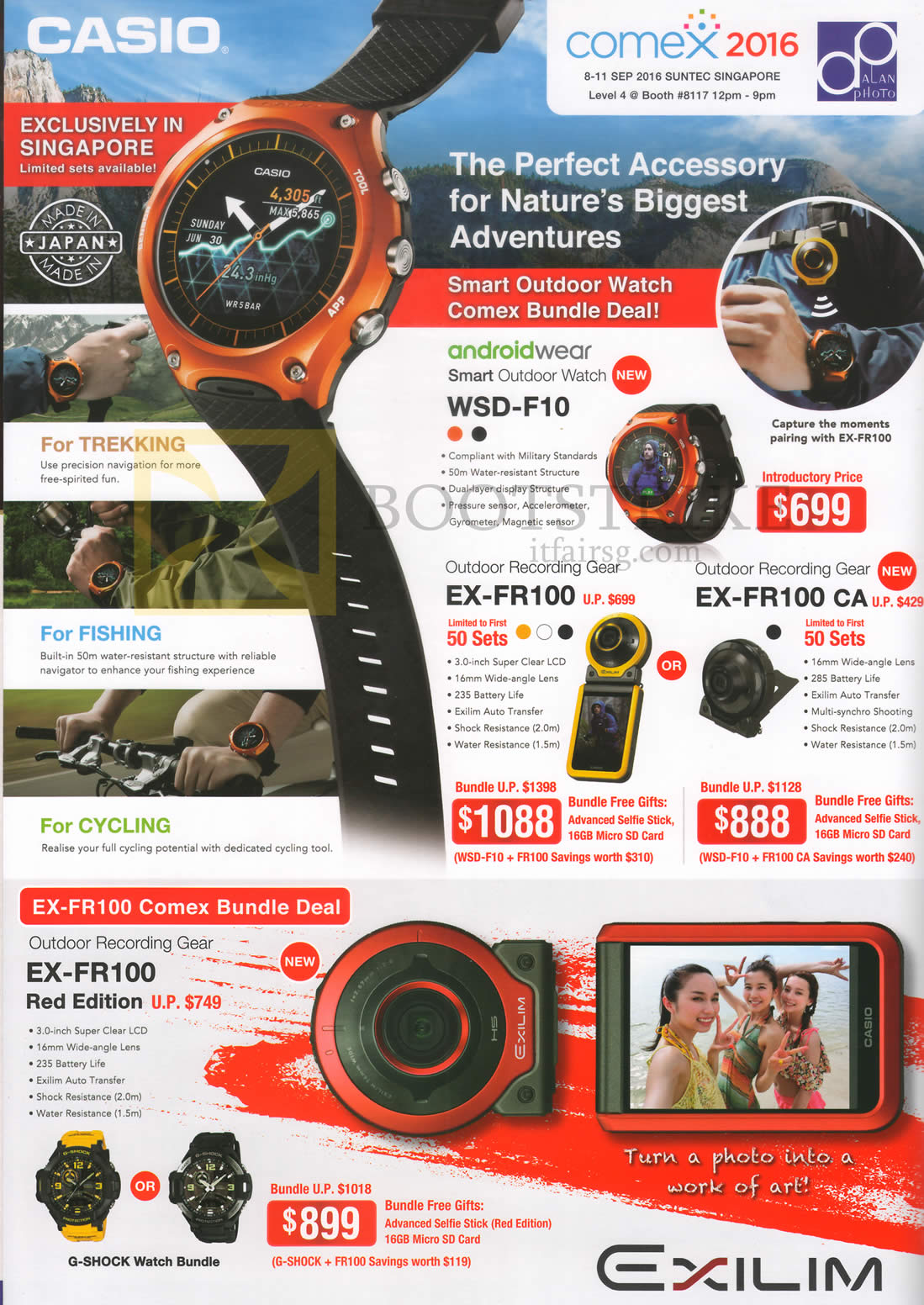 COMEX 2016 price list image brochure of Casio Digital Cameras Exilim, Watches, WSD-F10, EX-FR100, FR100 CA