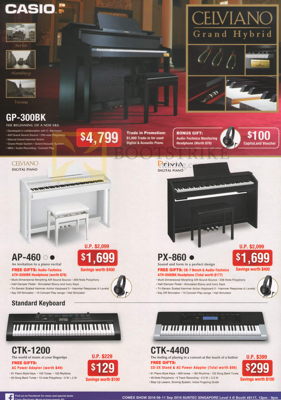 COMEX 2016 price list image brochure of Casio Keyboards GP-300BK, AP-460, PX-860, CTK-1200, CTK-4400