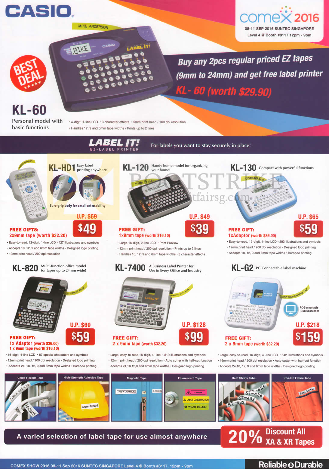 COMEX 2016 price list image brochure of Casio Labellers, Label It EZ-Label KL-60, HD1, 120, 130, 820, 7400, G2