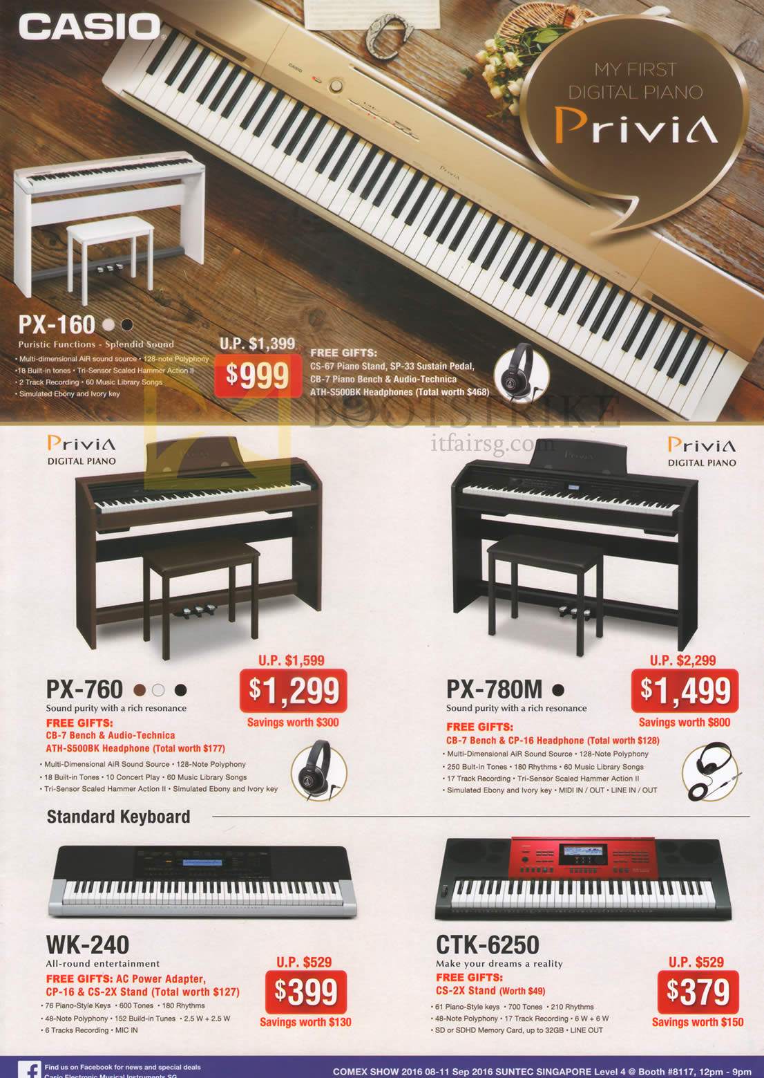 COMEX 2016 price list image brochure of Casio Music Keyboards PX-160, 760, 780M, WK-240, CTK-6250