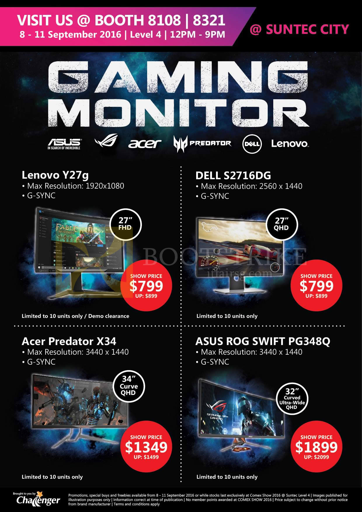 COMEX 2016 price list image brochure of Challenger Gaming Monitors Lenovo Y27G, Dell S2716DG, Acer PRedator X34, Asus ROG Swift PF348Q