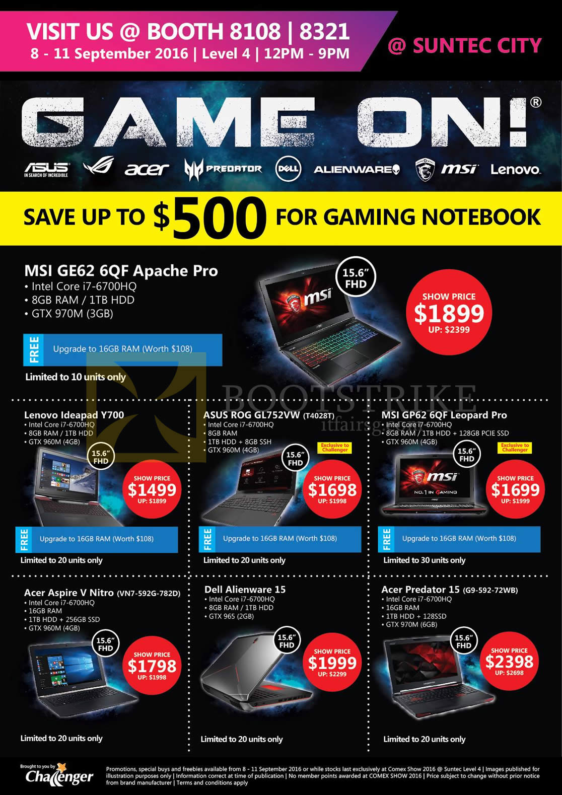 COMEX 2016 price list image brochure of Challenger Notebooks, Lenovo, Asus, MSI, Acer, Dell, Ideapad Y700, ROG GL752VW, GP62 6QF Leopard Pro, Predator 15, Alienware 15, Aspire V Nitro