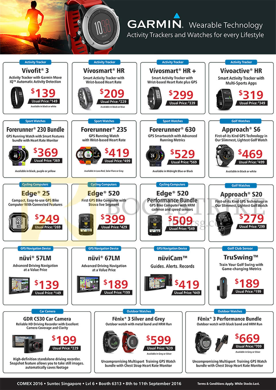 COMEX 2016 price list image brochure of Convergent Garmin Activity Trackers, Watches Vivofit 3, Vivosmart HR, Plus, Vivoactive, Forerunner 230, 235, 630, Approach S6, S20, Edge 25 520, Nuvi 57LM 67LM, TruSwing,C530 Car Camera