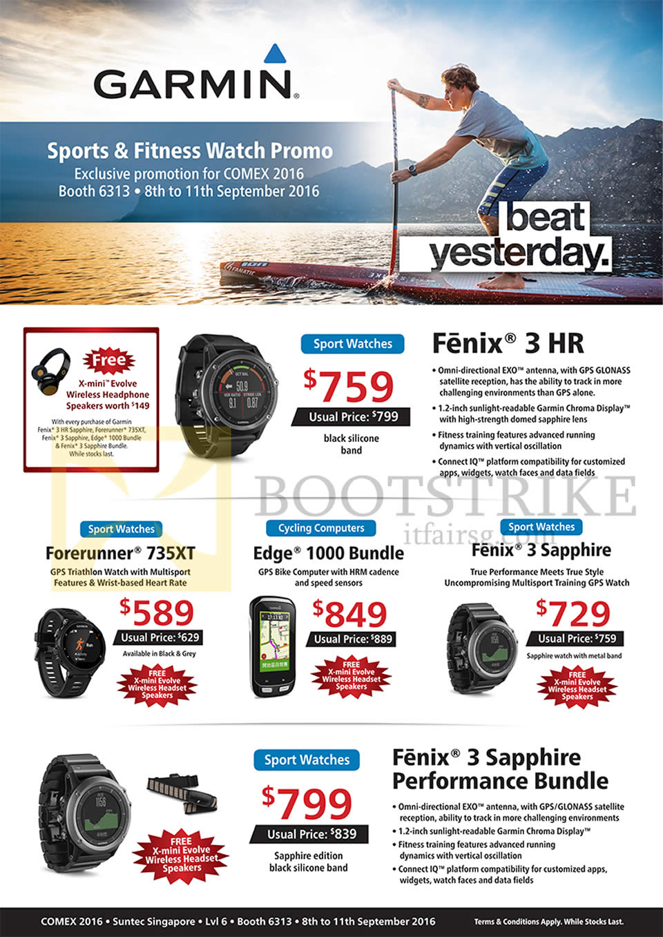 COMEX 2016 price list image brochure of Convergent Garmin GPS Activity Trackers, Watches, Fenix 3 HR, 3 Sapphire, Edge 1000 Bundle, ForeRunner 735XT