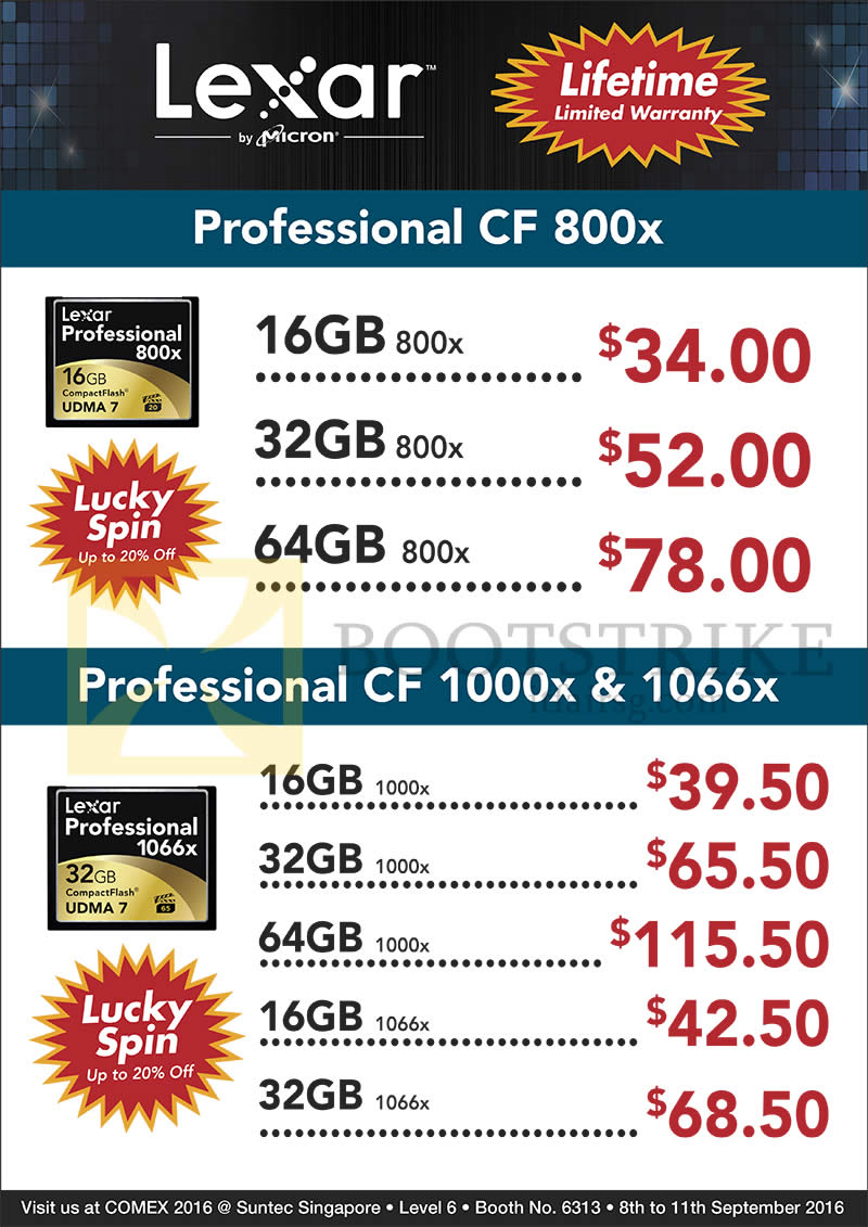 COMEX 2016 price list image brochure of Convergent Lexar CompactFlash CF Cards 800x, 1000x, 1066x, 16GB, 32GB, 64GB