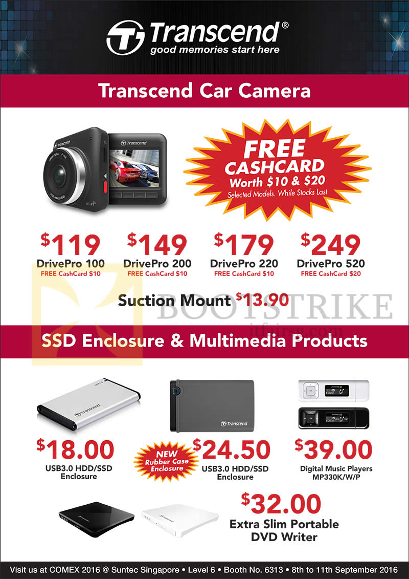 COMEX 2016 price list image brochure of Convergent Transcend Car Cameras, Enclosure, Multimedia Products, DrivePro 100, 200, 220, 520, Extra Slim Portable DVD Writer